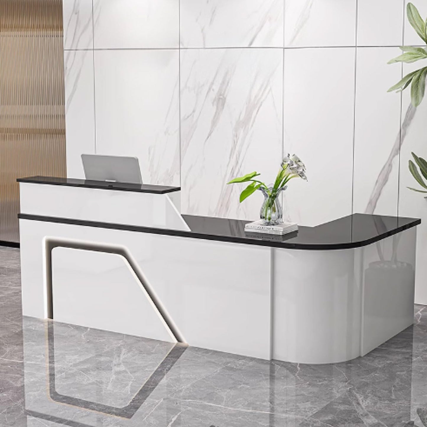 Modern Reception Desk for Office & Lobby - Stylish 140cm White & Black Standing Receptionist Counter, Elegant Front Desk Furniture for Professional Workspaces