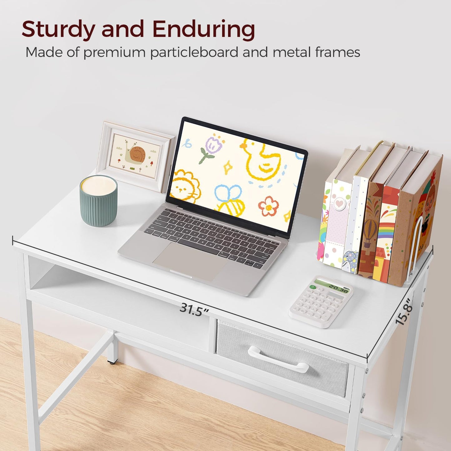 MAHANCRIS Kids Desk and Chair Set, Student Writing Desk, Kids Study Desk with Book Sorter and Fabric Drawer, Kids Wooden Study Table, for Study, Kids Room, Bedroom, White KDBW11901N1