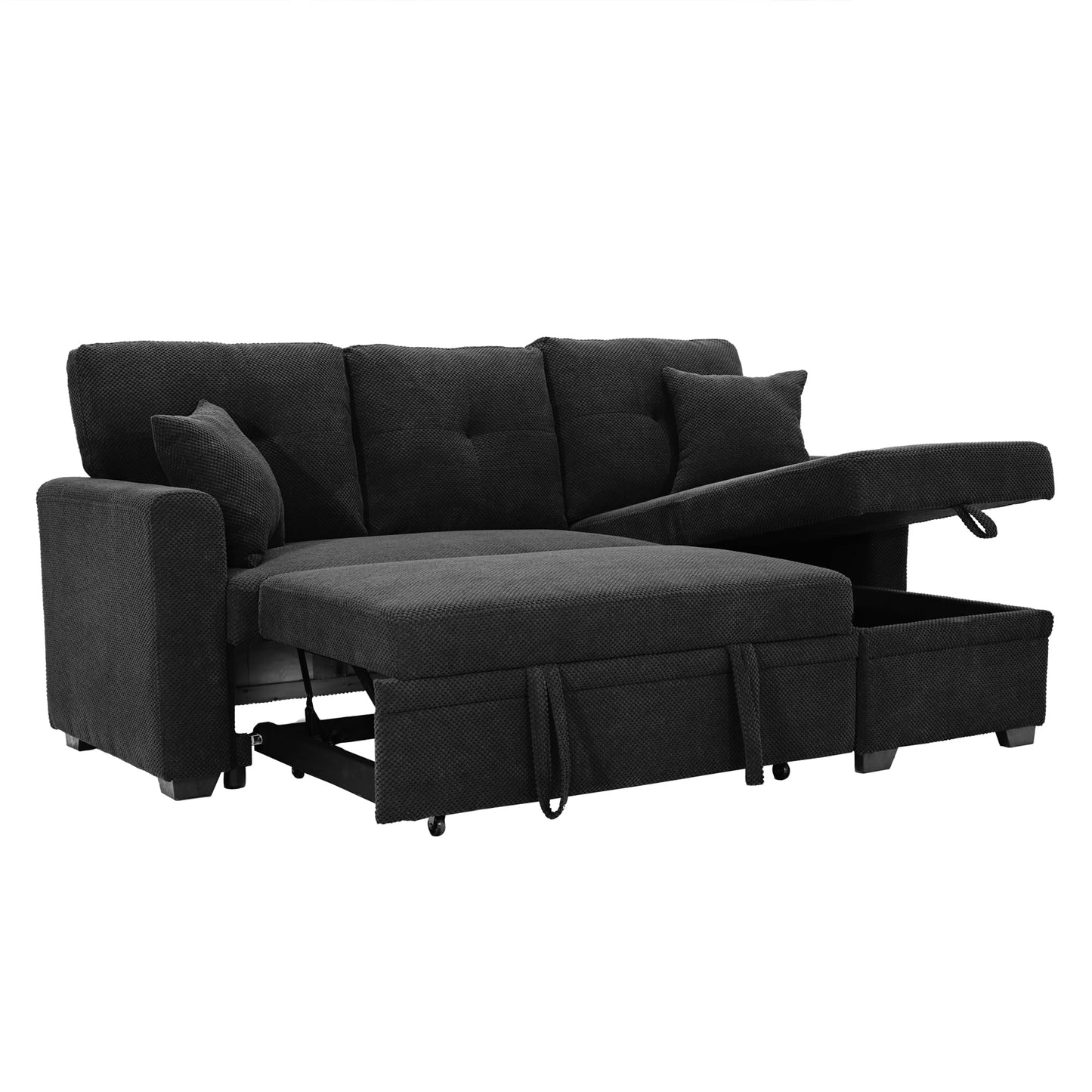 WuerQi 71" Sofa Bed with Queen Size Pull Out Couch, Sectional Sleeper Sofa with Reversible Storage Chaise, L Shaped Couch for Living Room, Apartment and Small Spaces (Black-L)