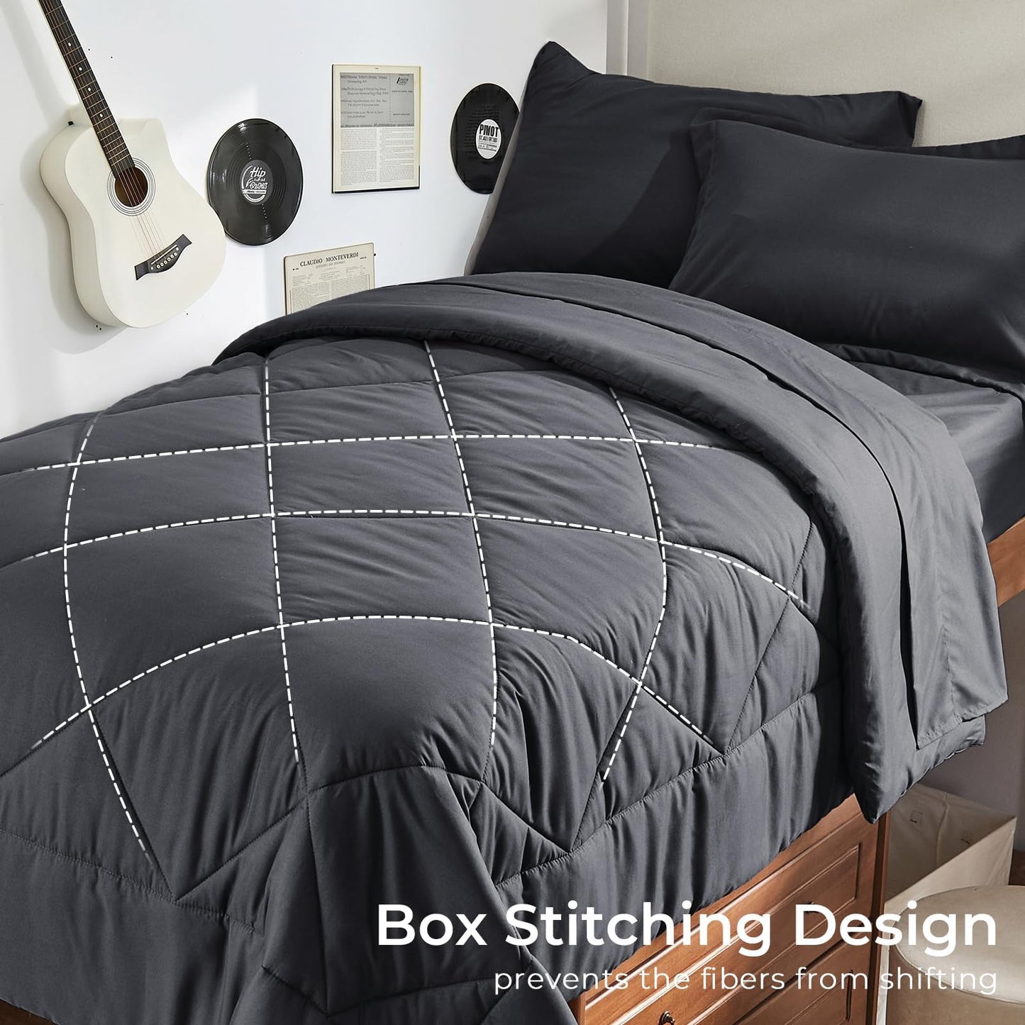 HEVUMYI Twin Comforter Set - 5-Piece All Season Bed in a Bag Twin, Ultra Soft Bedding Set with Comforter, Flat Sheet, Fitted Sheet, Pillowcases, Pillow Shams, Dark Grey