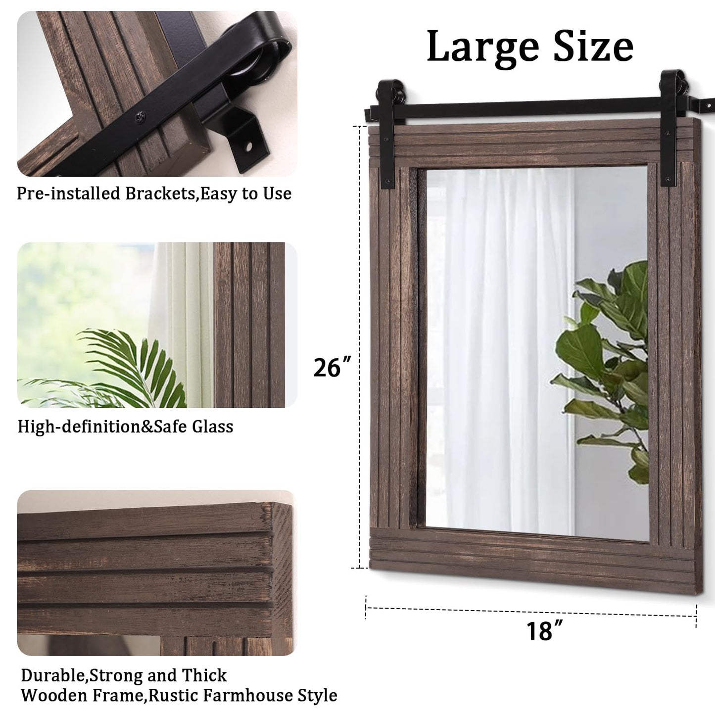 AAZZKANG Rustic Wood Mirror Rectangle Decorative Wall Mirror 26"x18" with Framed Bedroom Living Room Bathroom Hanging Mirror