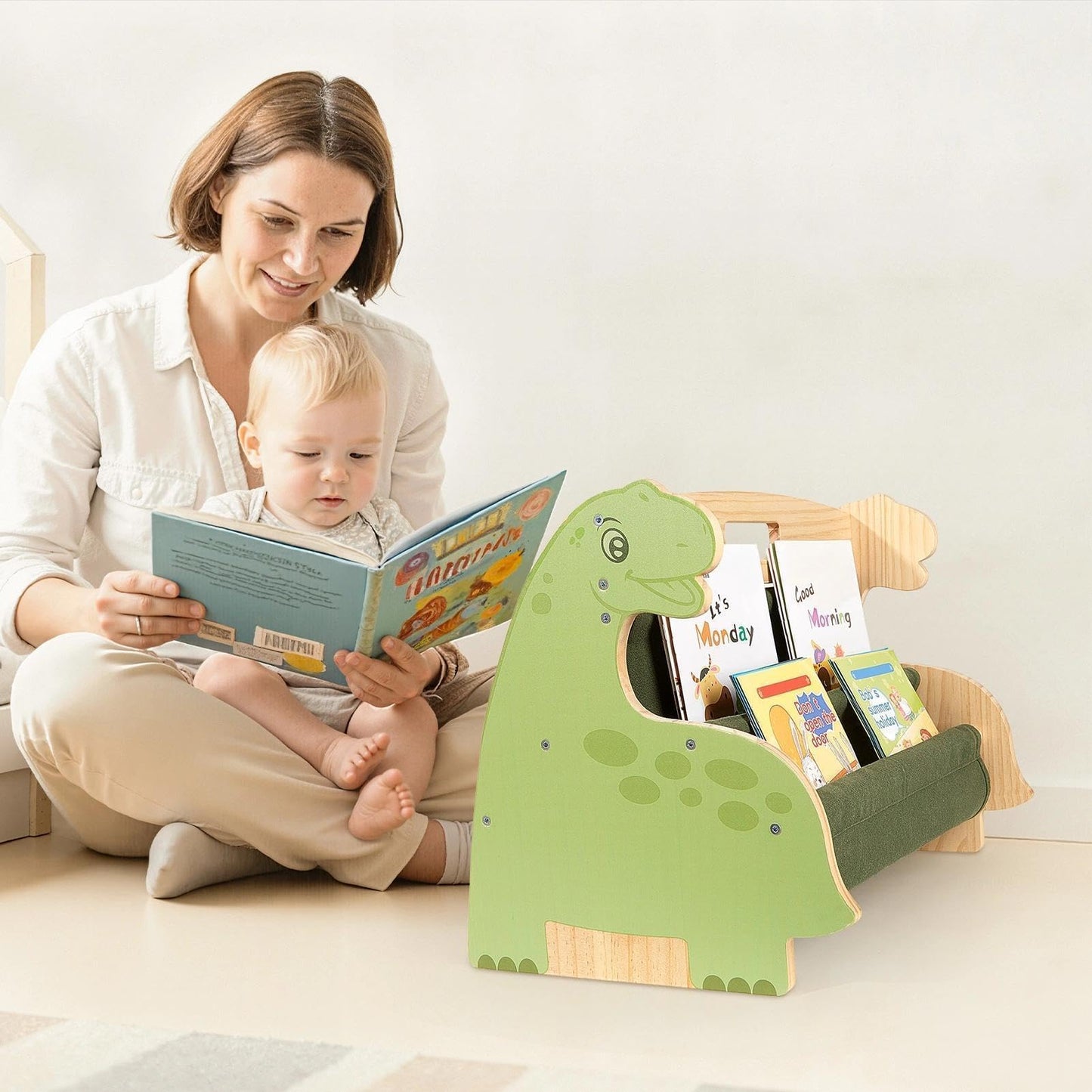 SheSeek Toddler Bookshelf Double-Sided with 4 Tier Deep Sleeves Kids Wooden Montessori Book Rack for Baby Nursery Room, Playroom, Classroom or Bedroom Bookcase Storage Organizer, Green Dinosaur