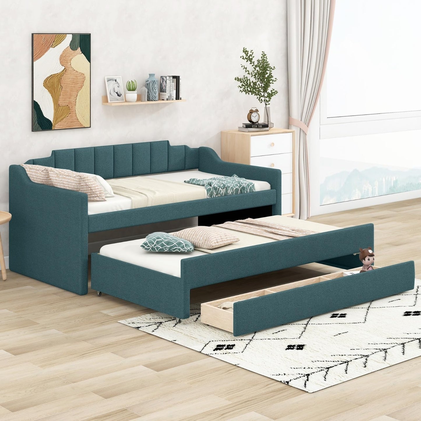 Bnyifoqi Green Upholstered Daybed with Trundle & Storage Drawers, Twin Size