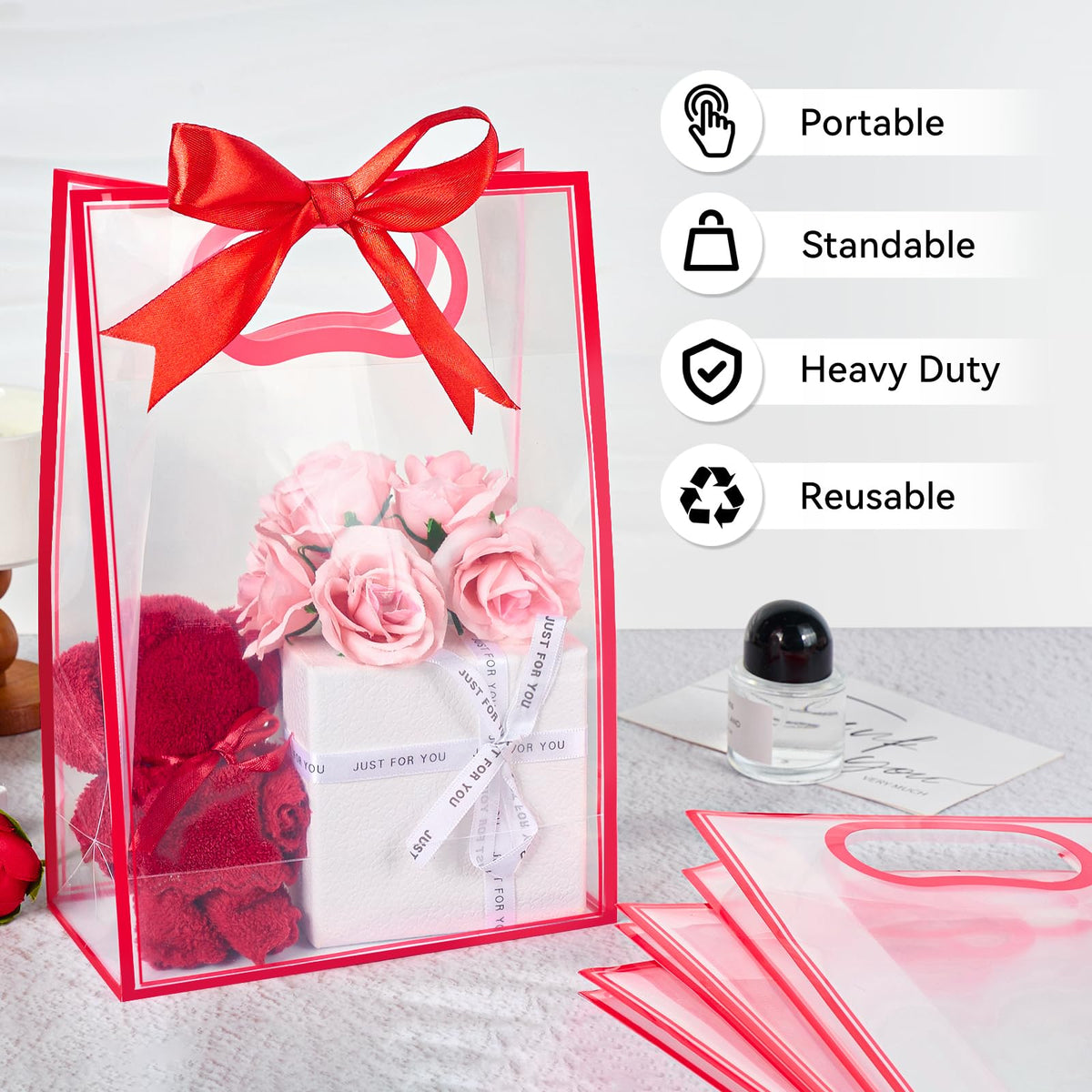 Ohuimrt Clear Plastic Gift Bags with Handles, 12 Pack, Red