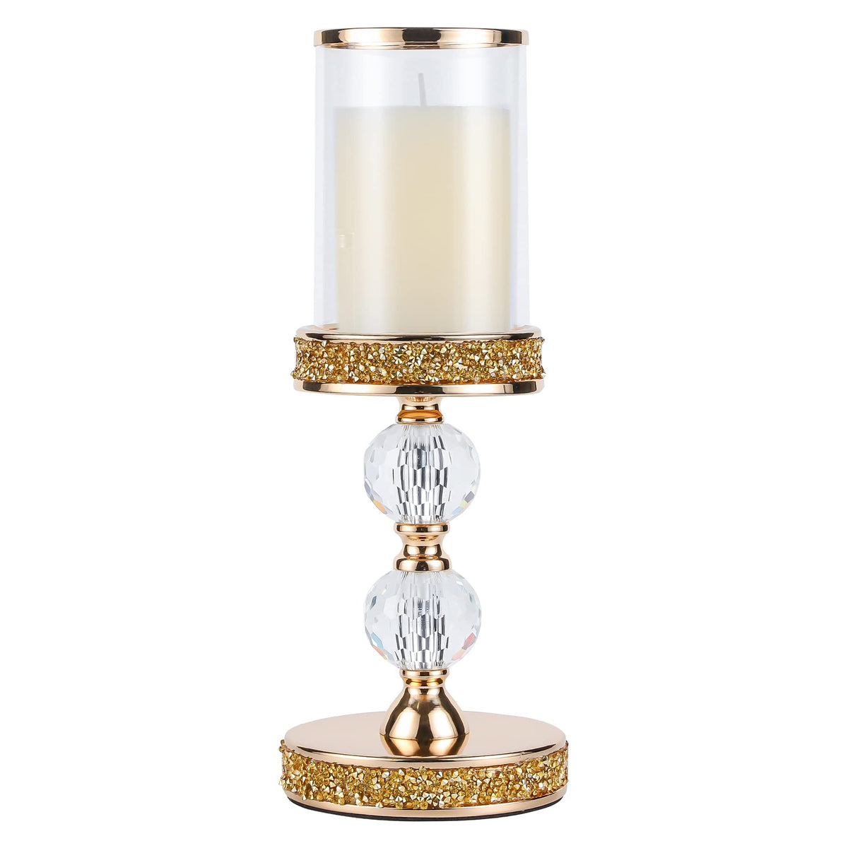 Pillar Candle Holder, 13 Inch Crystal Candlesticks for 3''X5'' Candles, Dining Coffee Table Decor, Wedding, Events, Parties - Glass and Gold Finish
