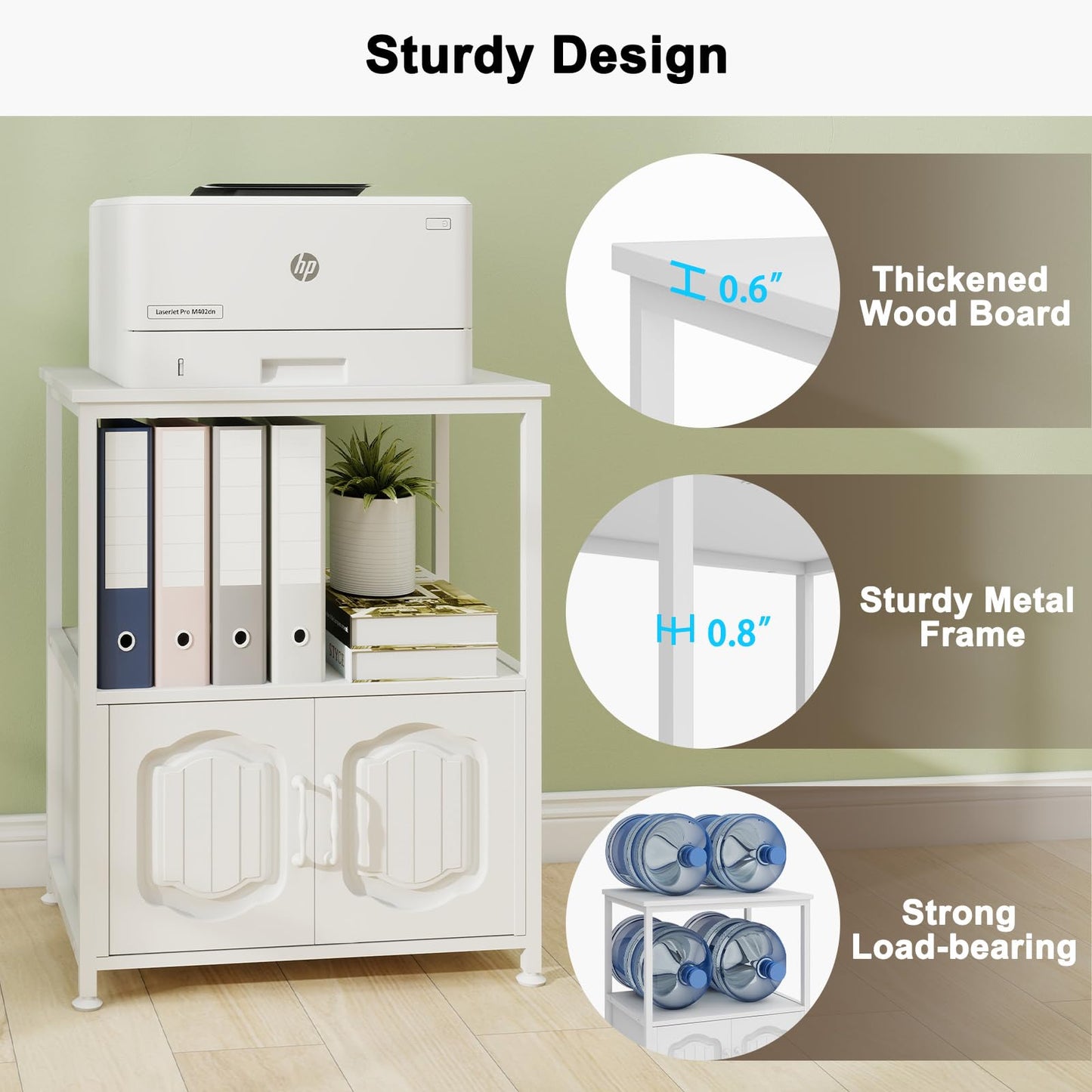 Natwind 3 Tier Printer Stand with File Cabinet, Vertical Filling Cabinet with Open Shelves, Decorative Wood Printer Shelf with Storage for Home Office, White