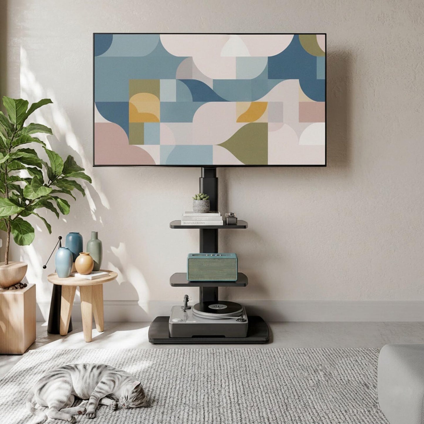 FITUEYES TV Floor Stand for Living Room Bedroom, Tall TV Stands with Sturdy Wood Base for 32 39 40 43 49 50 55 60 65 75 Inch TVs, Corner Stand with Height Adjustable Shelves, Swivel Black