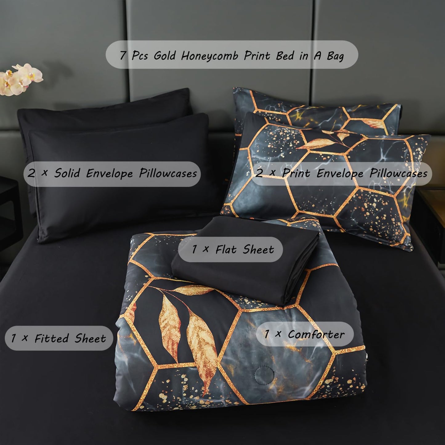 ZRNBAST Honeycomb King Size Comforter Set Black 7 Pieces Geometric Marble Black Gold Bed in A Bag King Hexagon Gold Trim Print Water Ripple Pattern Bedding Set for All Season (Black, King)