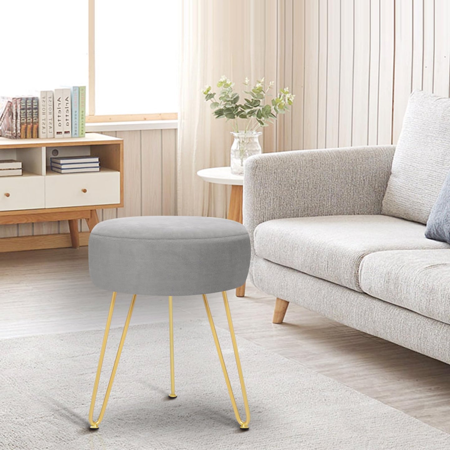 YOONIC Velvet Soft Modern Vanity Stool -Round Footrest Stool Ottoman Side Table Seat Dressing with Golden Metal Leg and Sponge Filling,Upholstered Foot Rest, for Living Room and Bedroom (Gray)