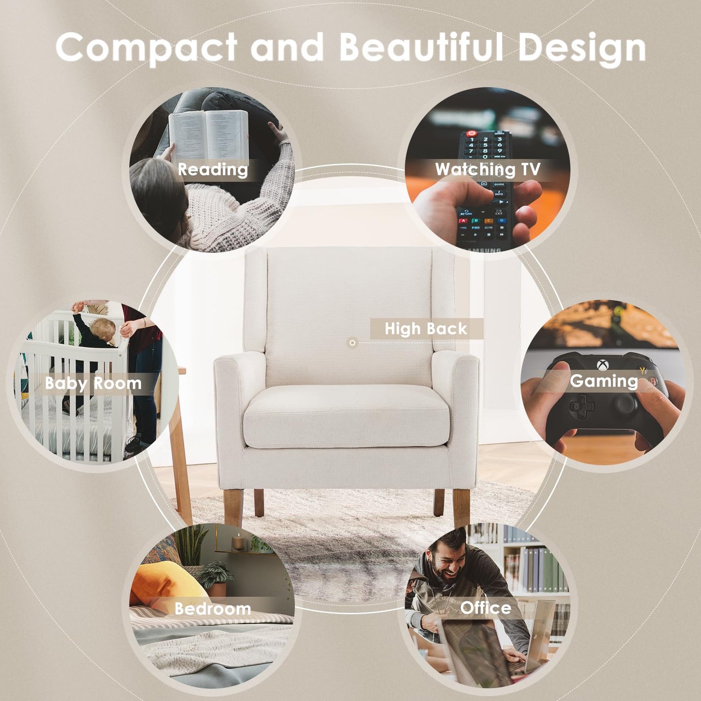 COLAMY Modern Wingback Living Room Chair Set of 2, Upholstered Fabric Accent Armchair, Single Sofa Chair with Lounge Seat and Wood Legs for Bedroom/Office/Reading Spaces, Beige