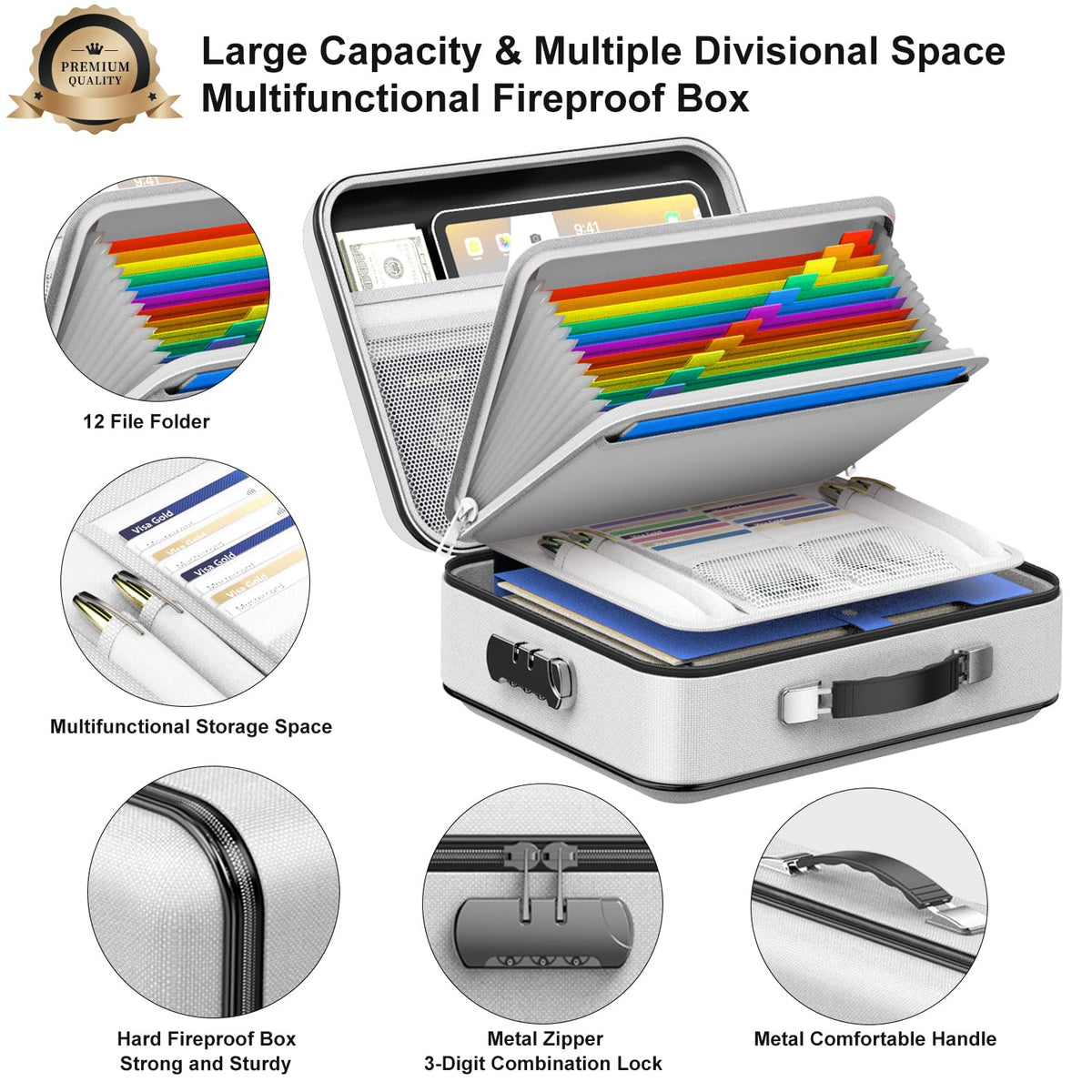 COLCASE Fireproof Document Box, Hard Case Fireproof File Organizer with Lock Hard-Shell Design Fireproof Water Resistant Safe Box for Important Documents Certificates Laptop Passports Gray