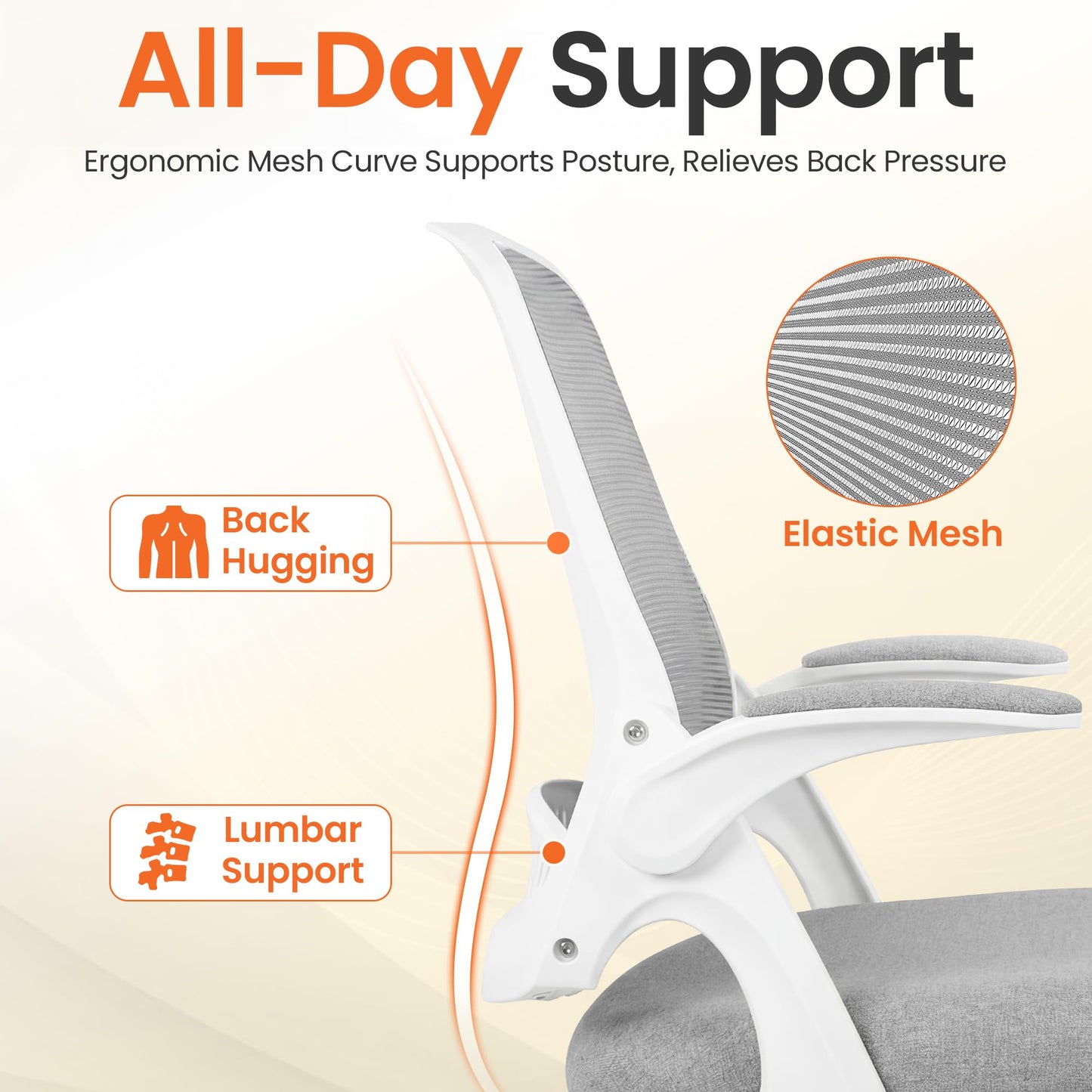 NEO CHAIR Office Chair Computer Desk Chair Ergonomic Gaming Comfy Mesh with Flip-up Arms Lumbar Support Adjustable Height Rolling Wheels for Home Office (Grey)