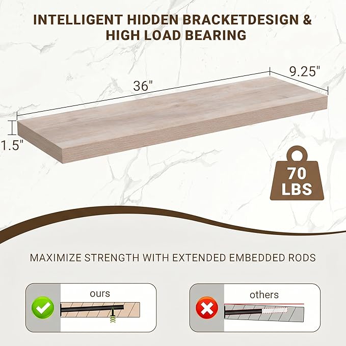 Acovy 36 Inch Floating Shelves, 3D Textured Wood Grain, Wooden Shelves