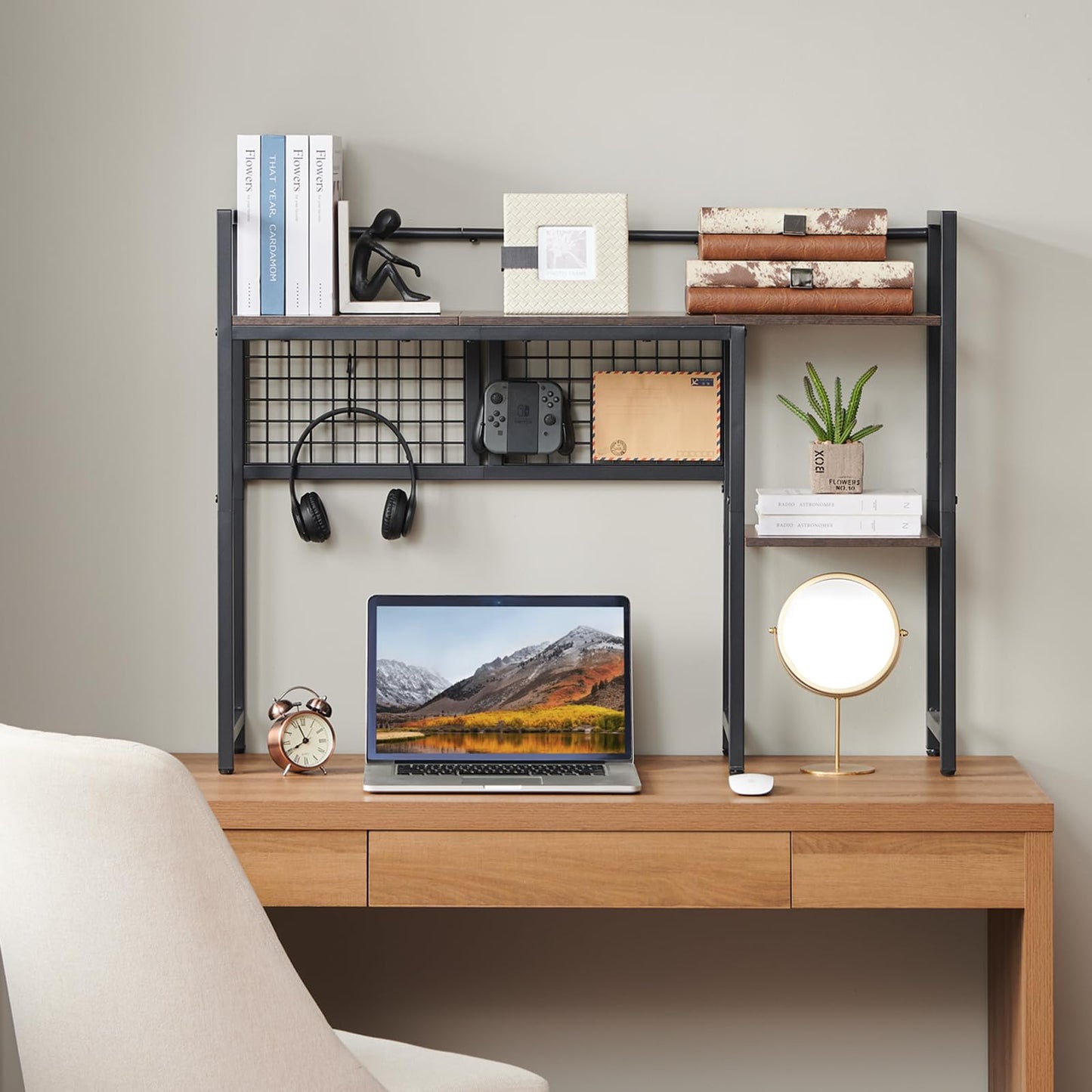 Grecodown 4-Tier Desk Hutch Shelf with Grid Panel, 39” Desktop Bookshelf for Monitor, Office & Home (Rustic Brown, 39")