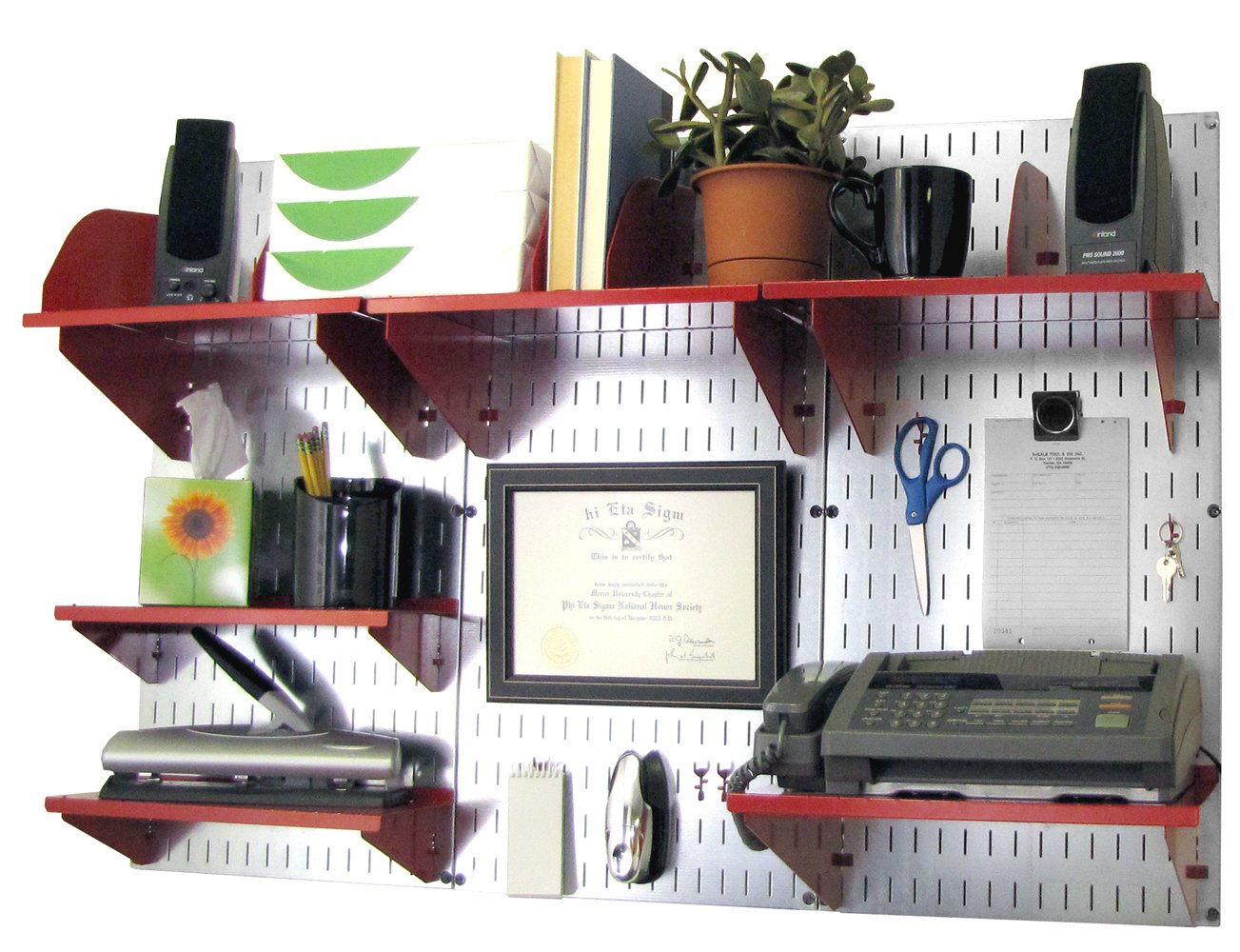 Wall Control Office Organizer Unit Wall Mounted Office Desk Storage and Organization Kit Metallic Slotted Wallboards and Red Accessories