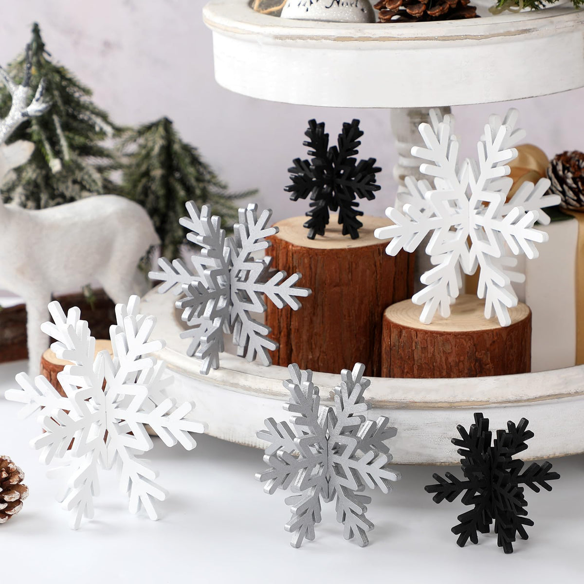 Bucherry 12 Pcs Wooden Snowflake Table Decor 3D Snowflake Tabletop Signs and Centerpiece for Frozen Party Christmas Xmas Winter Wonderland Decorations Home Office Mantel(White, Gray, Black)