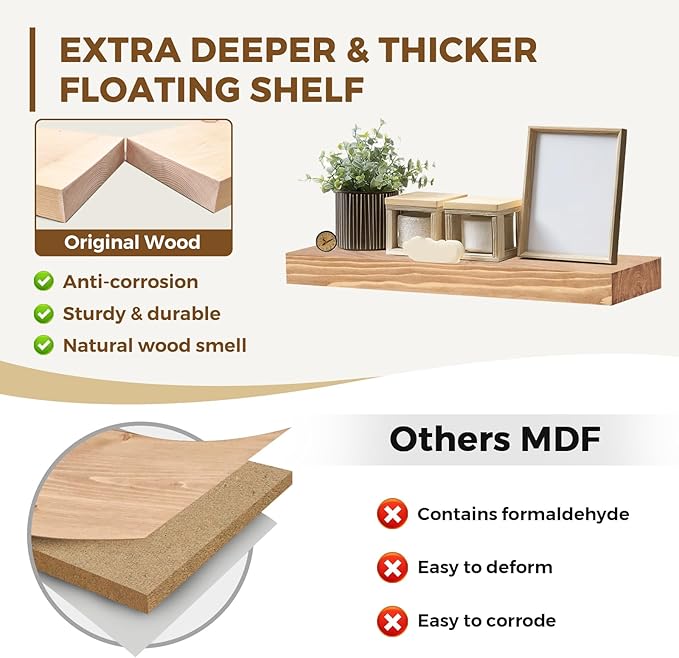 17x8x1.6 inch Floating Shelves Set of 2 – Solid Wood Rustic Wood Wall Mounted