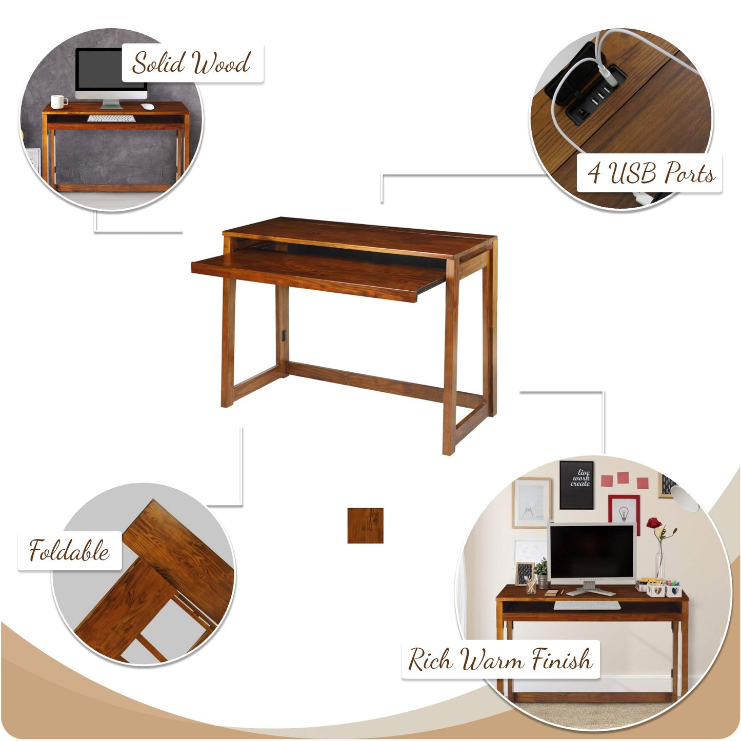 Casual Home Folding Desk with Pull-Out & USB Ports