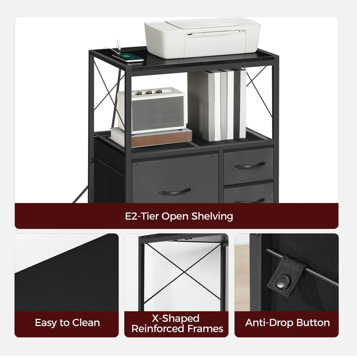 MAHANCRIS File Cabinet with Charging Station, 3 Drawer Lateral Filing Cabinet for Home Office, Mobile Printer Stand with Open Shelf, Fits A4/Letter Size File, Nonwovens Drawer, Black FCHB98E01