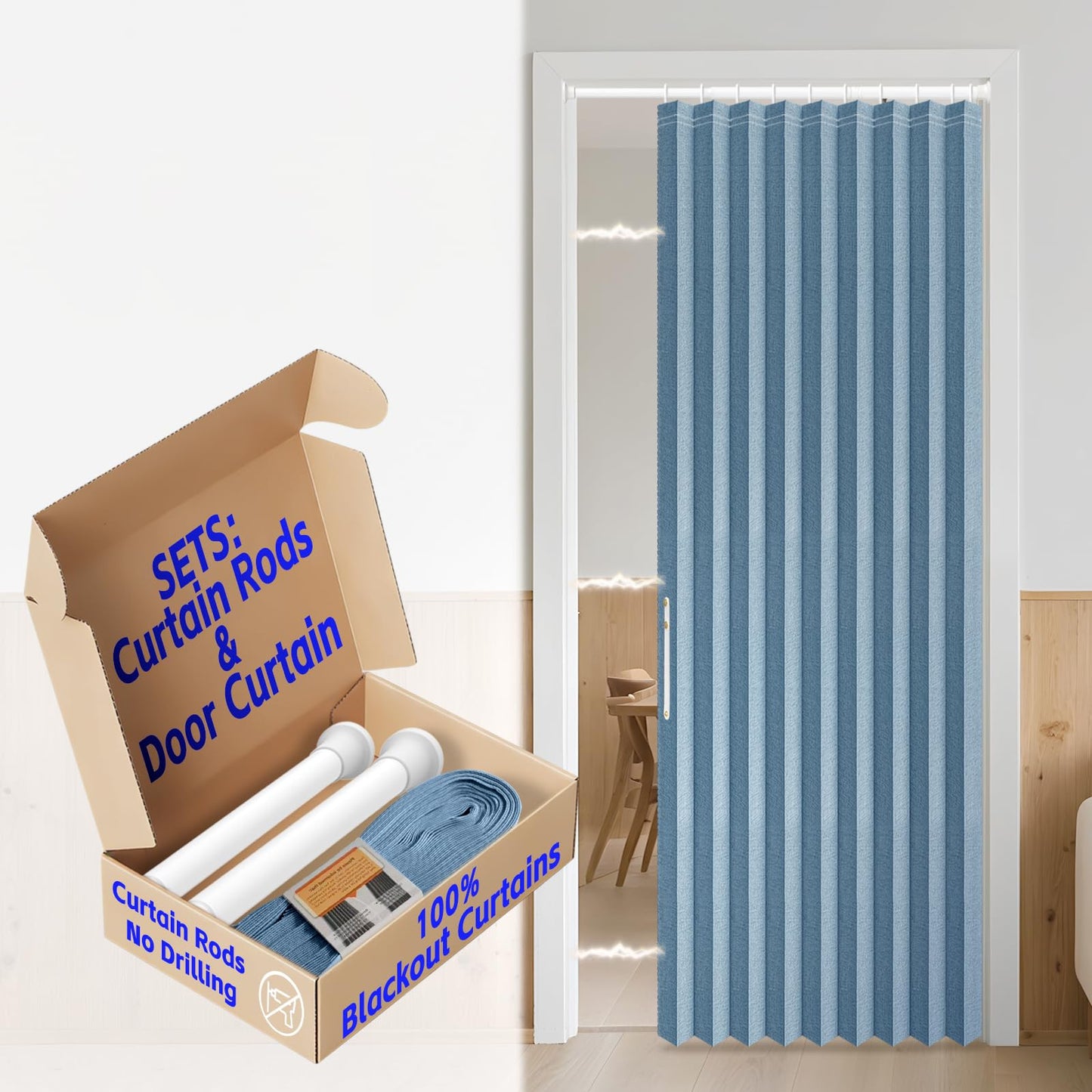 AJAZZ Blackout Closet Door Curtain with Curtain Rods Included Privacy Sound Proof Curtains Suitable for Bedroom Living Room Doorway Curtain Sets (1 Pack, 42 W x 78 L, Blue)
