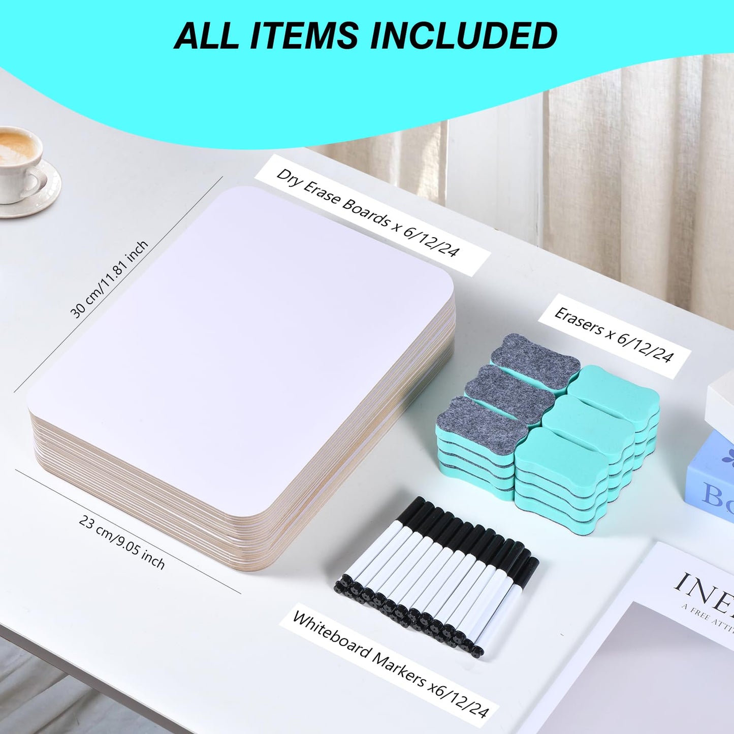 24 Pack Small White Board Dry Erase Boards Classroom Teachers Pack Mini White Boards 9" x12” Personal Whiteboards for School Students Supplies Lapboards l 24 Mini Erasers， 24 Makers Included (24)