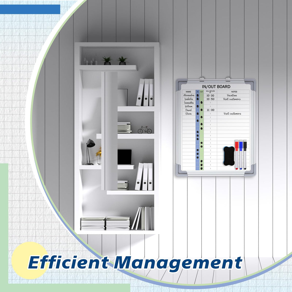 Lincia in and Out Magnetic Dry-Erase Board 16" x 12" Aluminum Framed White Board with Lines 21 Names with Magnetic Dry-Erase Marker, Eraser, and 20 Magnets Wall-Mounted for Office Employee