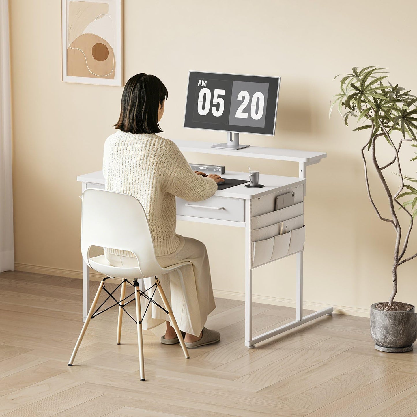 Maihail Small desk with Drawers, 31.5X15.8-22.9 Inches Office Computer Desk with Side Pocket & Ergonomic Adjustable Monitor Stand, Writing Table for Small Spaces, Kids desk, vanity desk Bedroom, White