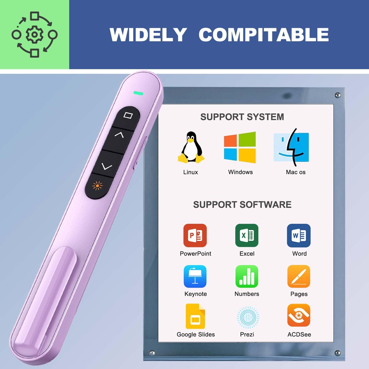 QUI Presentation Clicker with Volume Control, 2.4GHz USB Wireless Presenter Remote, PowerPoint Clicker Slide Advancer Compatible with Mac, Windows, Google Slides, Keynote