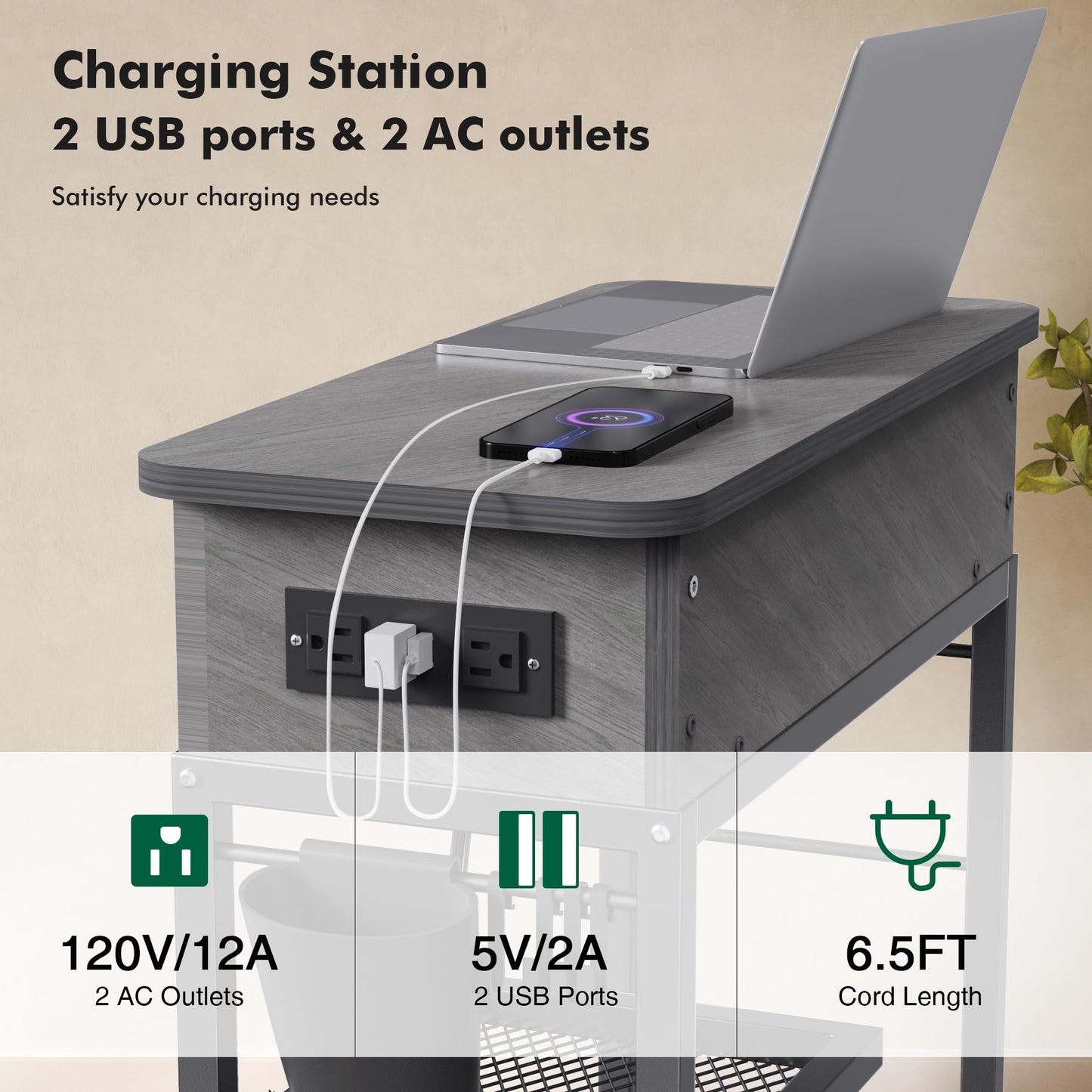Colima Lift Top End Table with Charging Station and Wheels, Sofa Side Table with USB Port & AC Outlets, Movable Bedside Nightstand with Side Bag for Office Living Room Bedroom(Gray)