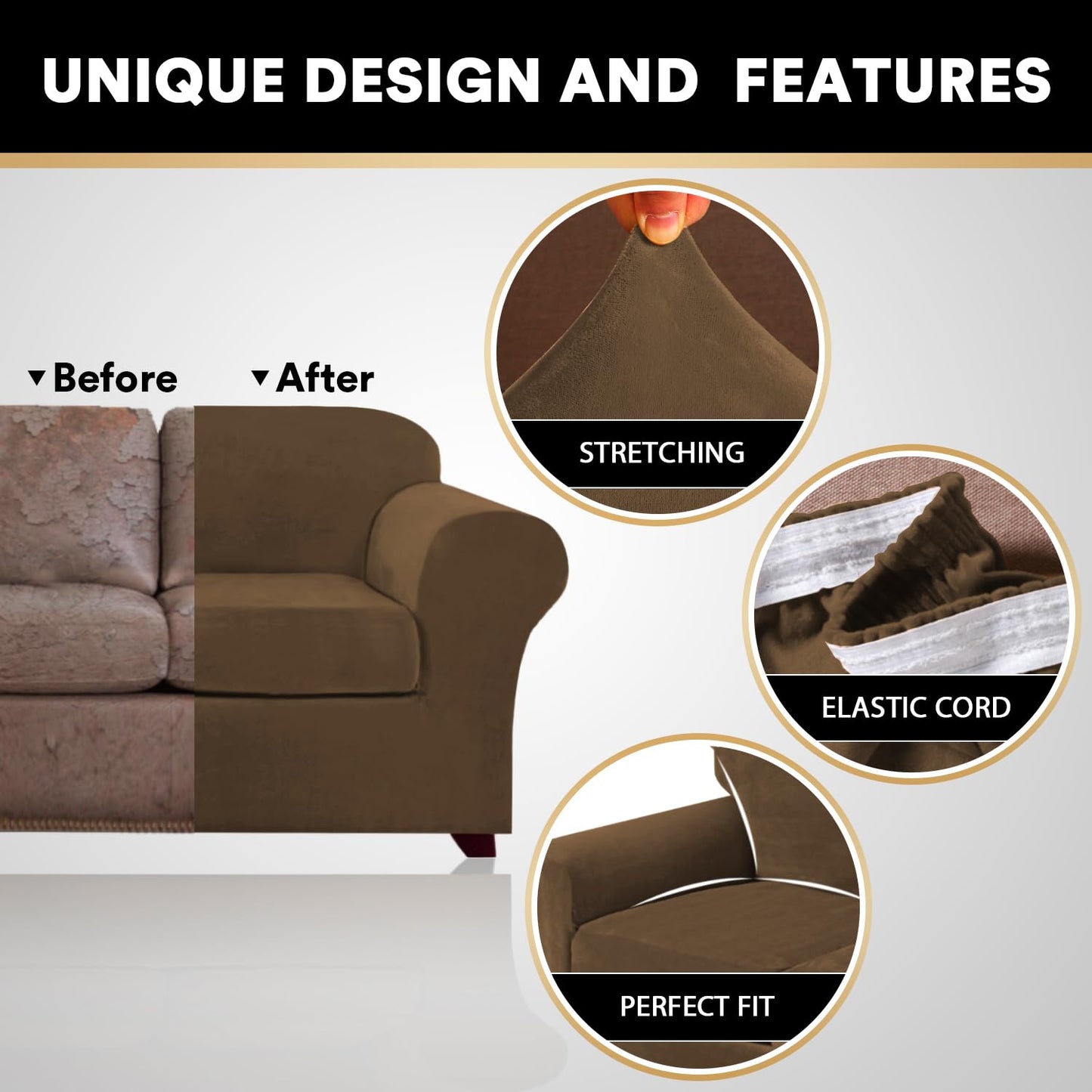 PrinceDeco Velvet Couch Cover Loveseat Covers for 2 Cushion Couch 3 Piece Sofa Covers for Dogs Washable Loveseat Covers Width Up to 72 Inch No Slip Stretch Sofa Slipcover(Medium, Bronze Brown)
