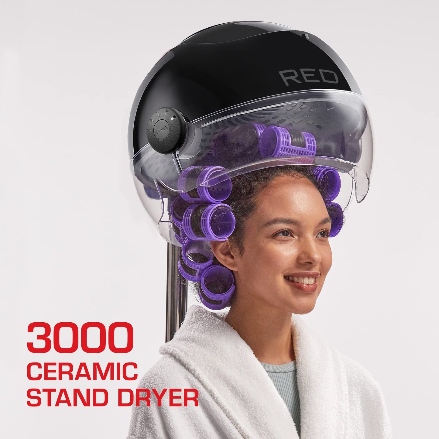 RED by Kiss 3000 Ceramic Stand Hood Dryer with Digital Timer, Adjustable Height, 360° Wheels, 3 Temp Settings, Quick Drying, Comfortable Hood, Ideal for Home & Salon Use