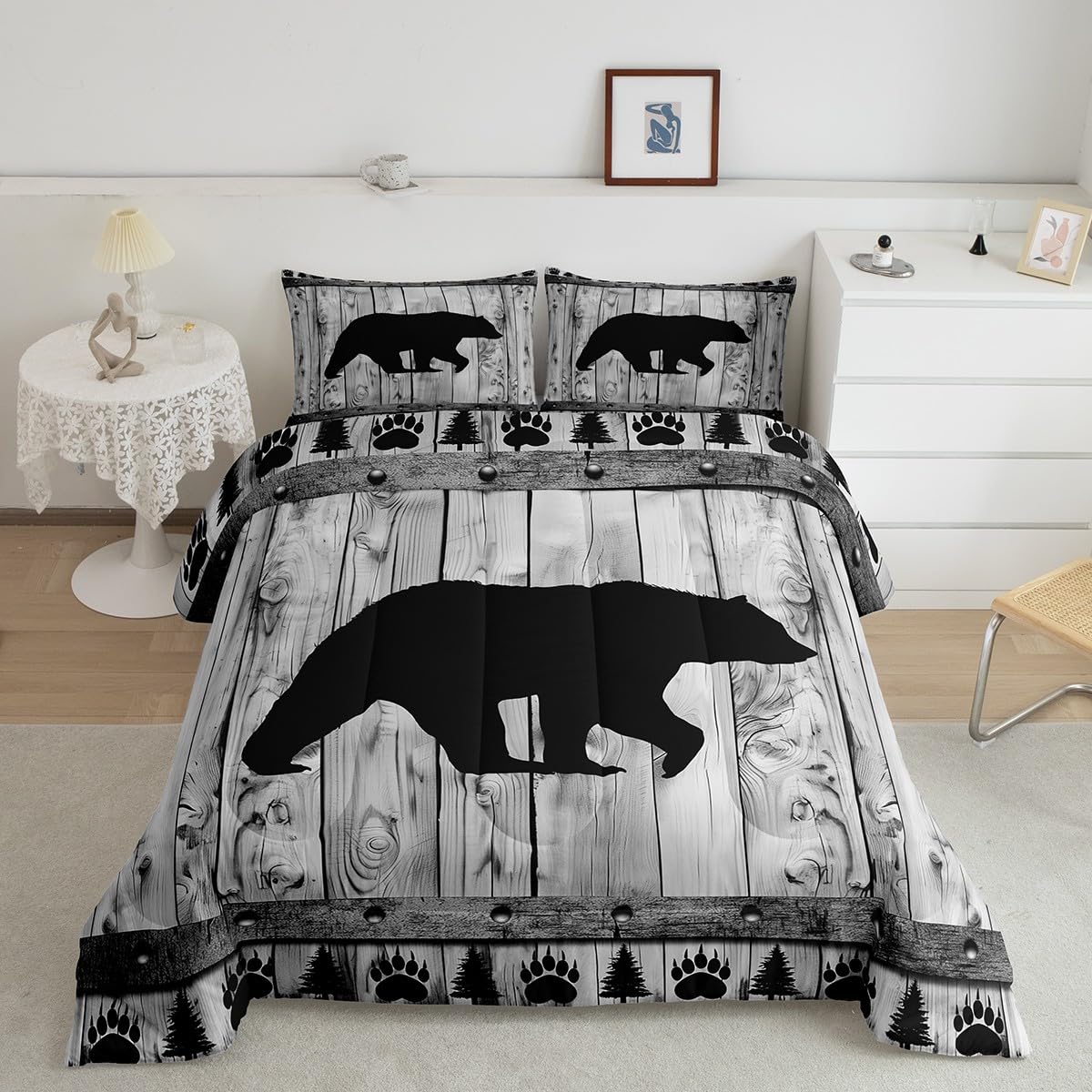 Bear Comforter Set Twin Size,Rustic Farmhouse Wood Cabin Bedding Set,Wildlife Hunting Quilt Set for Kids Boys Girls Teens Room Decor,Grey Black Pine Trees Pattern Duvet Insert,1 Pillowcase