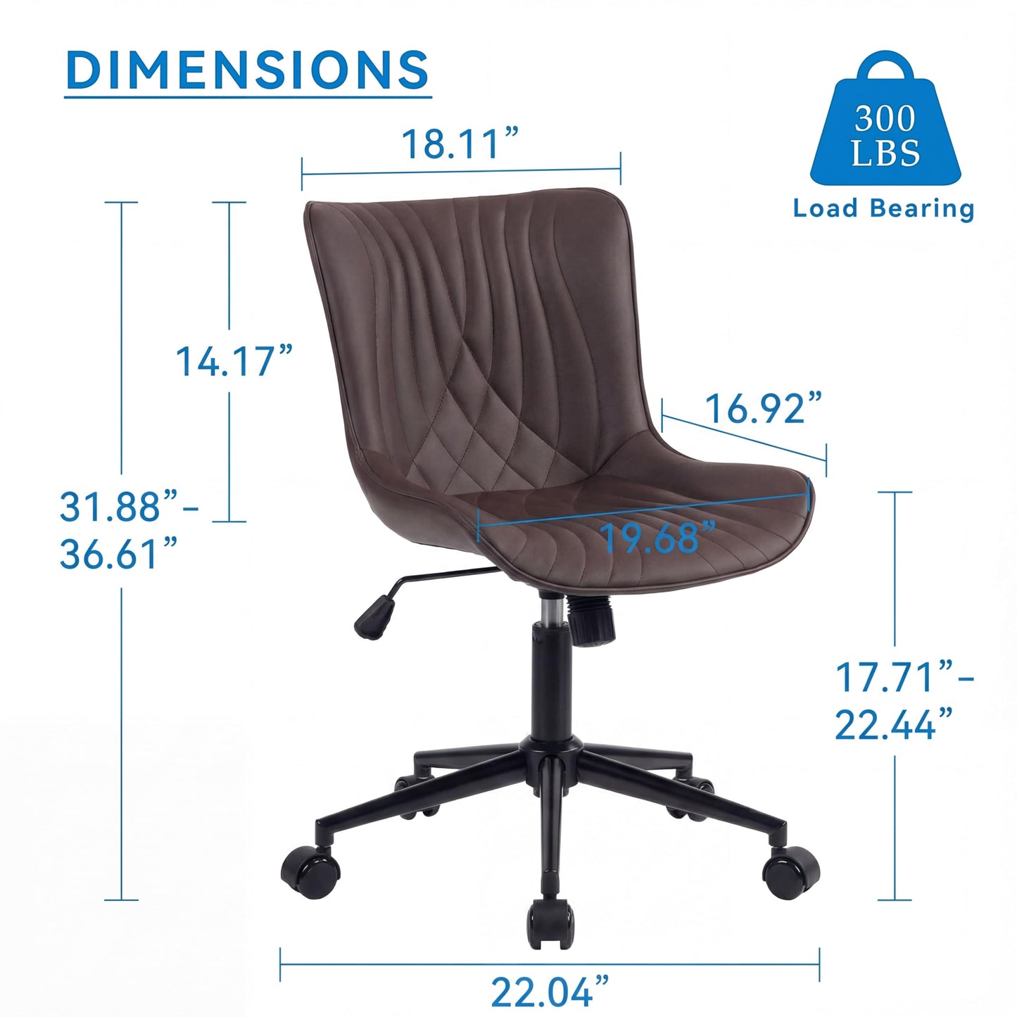 YOUNIKE Office Chair Brown, Armless Desk Chair with Wheels, Home Office Task Chairs, Modern Faux Leather Upholstered Adjustable Swivel Rocking Chair with Back