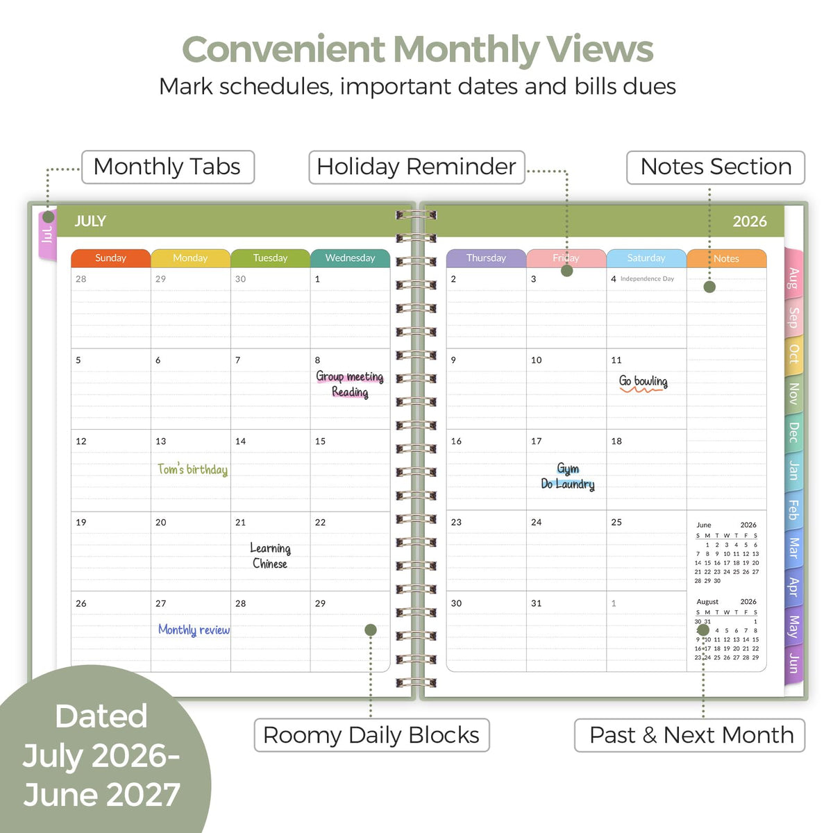 SKYDUE Teacher Planner 2026-2027 Academic Year, 8.5" x 11" Lesson Plan Book, July 2026-June 2027, 162 Pages, Monthly Tabs, Stickers, Weekly Lesson Planning, Student Tracking & Classroom Organization, Green