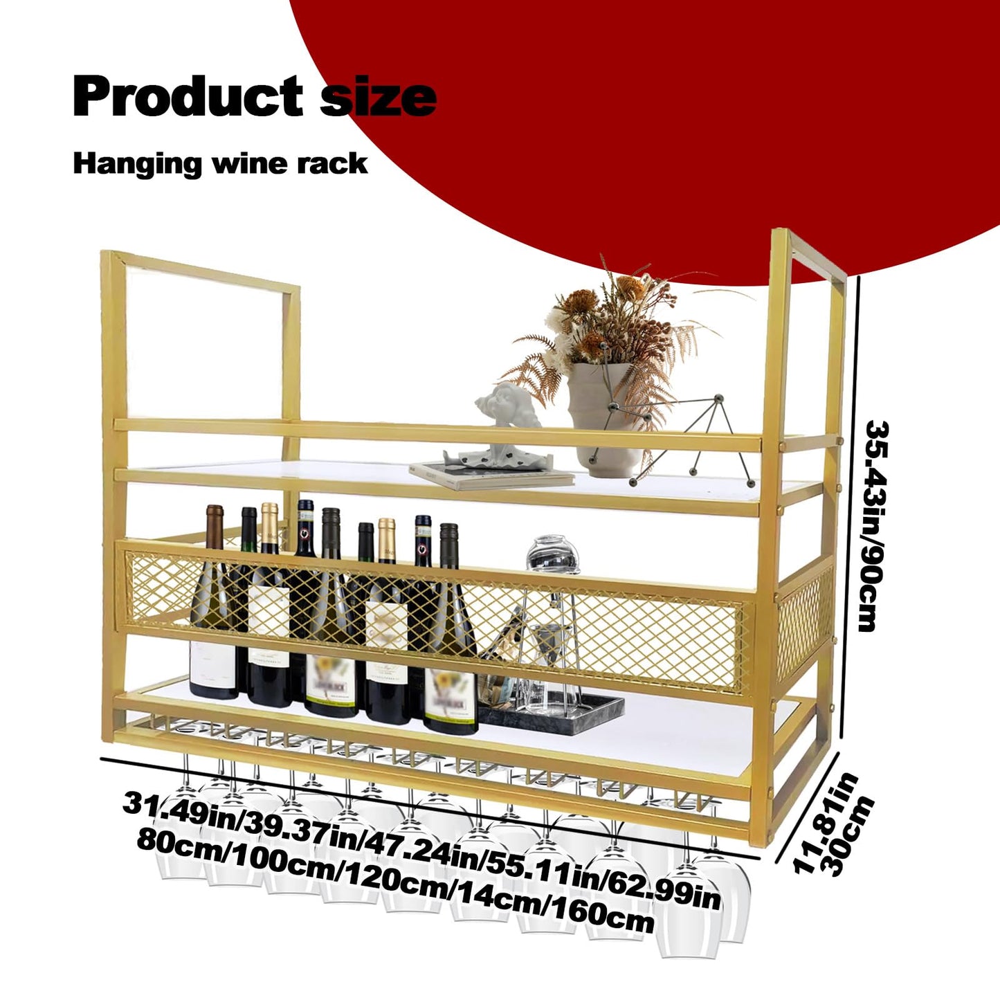 LWJQRSP Gold Metal Hanging Wine Rack - 2-Tier Ceiling Wine Glass Holder Stylish Bar Display & Storage for Restaurants Cafes and Kitchens - 80cm Length