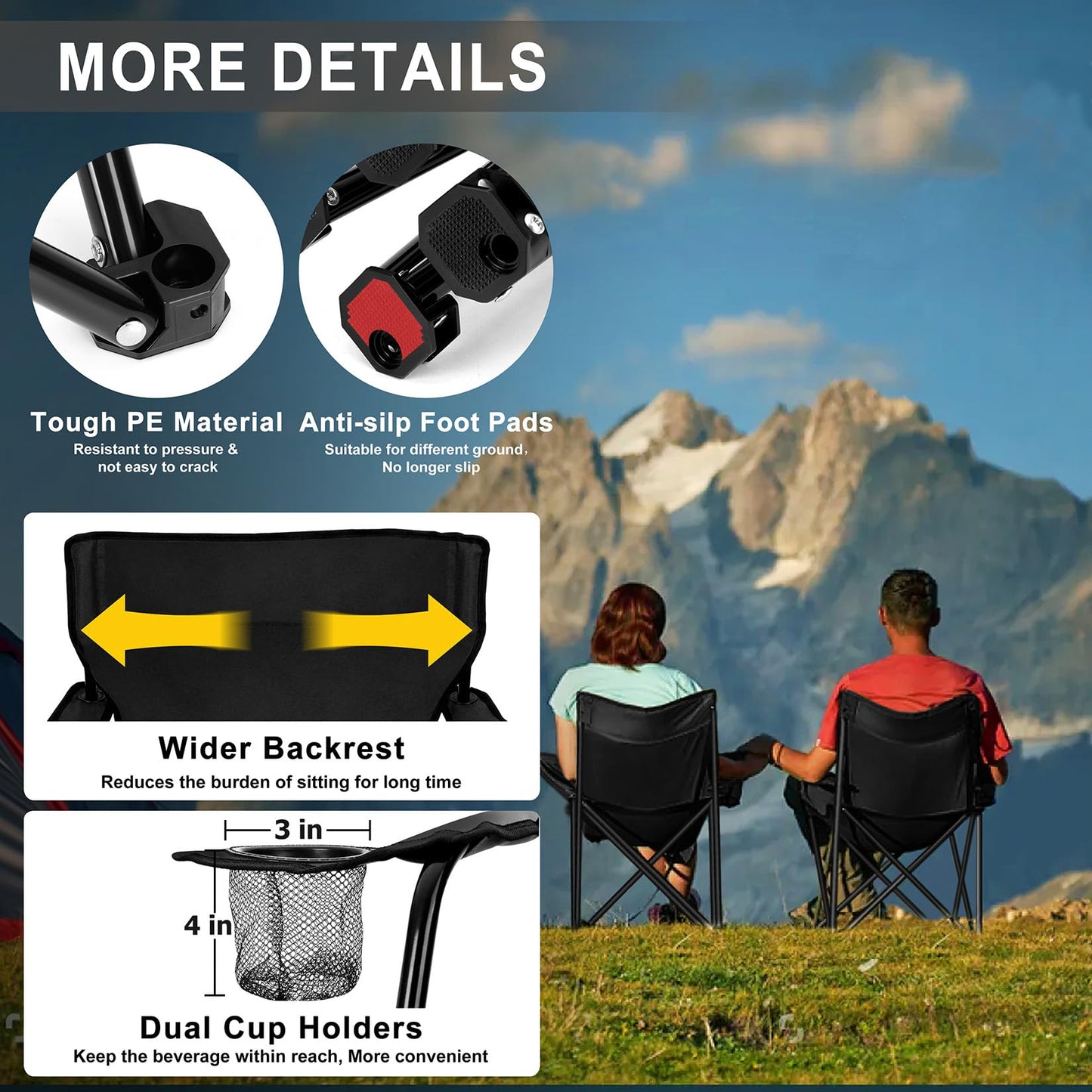 Joyfair Portable Camping Chair, Outdoor Lawn Folding Chairs for Adults, Heavy Duty Large Foldable Chairs for Beach, Fishing, Tailgating and More Outdoor Sport, Carry Bag & Cup Holder (Black)