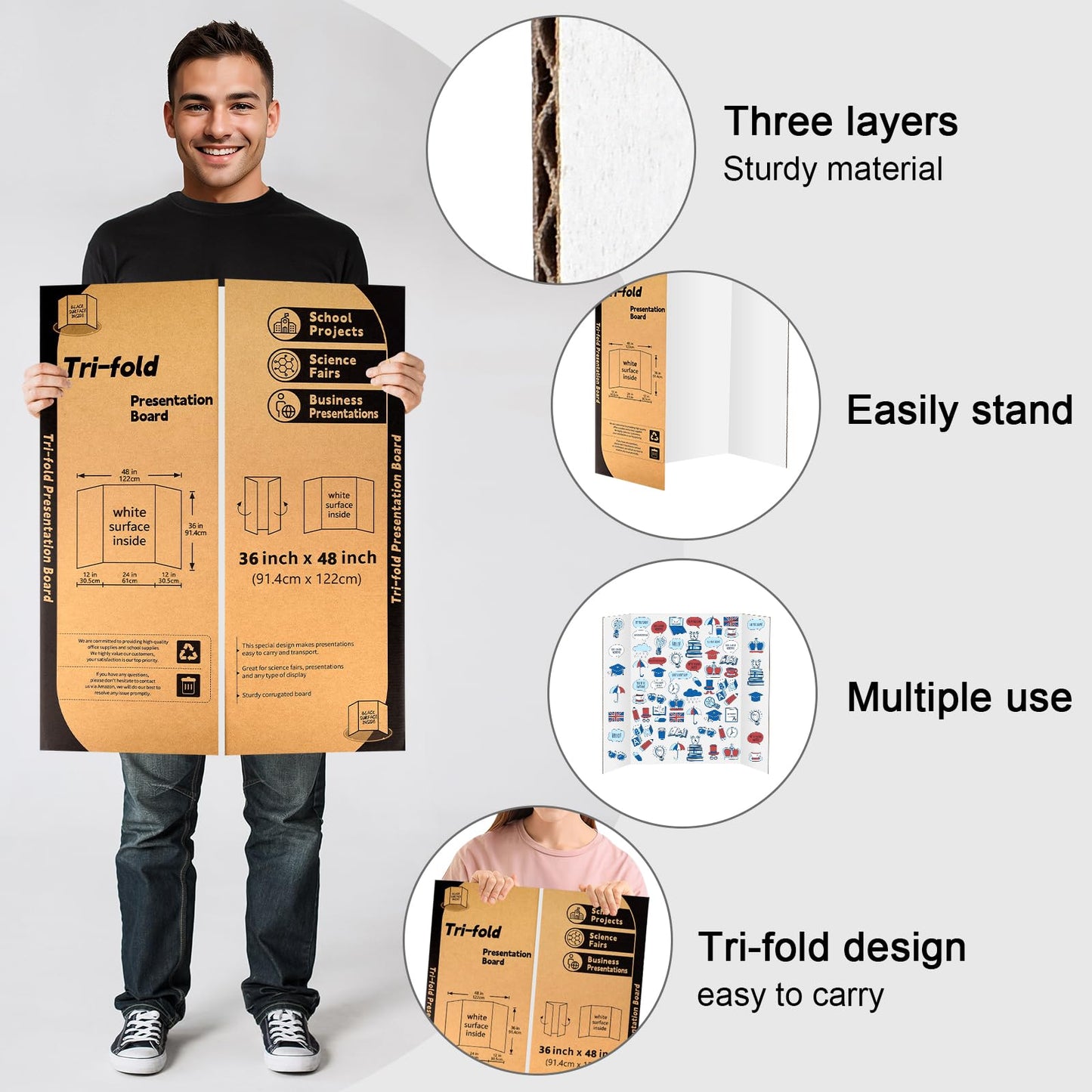 4 Pack Trifold Poster Board 48" X 36", IKAYAS Single Sided White Poster Boards, Science Fair Display Boards Posterboard for Mounting, Prints,Art,Display,Projects Classroom Supplies