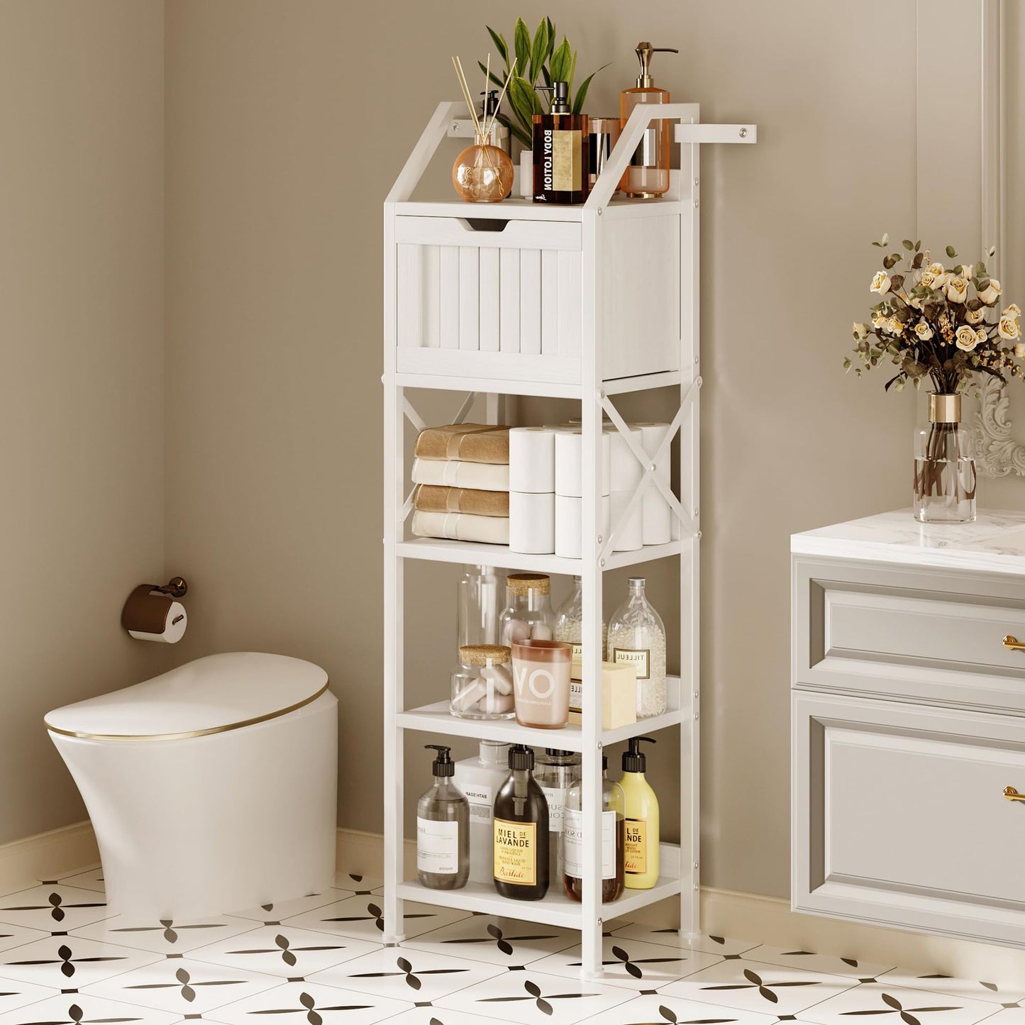 Homeiju Bathroom Floor Cabinet, 5-Tier Bathroom Storage Organizer Rack with Drawer, Multifunctional Corner Unit, 47.24 Inches in Height, White