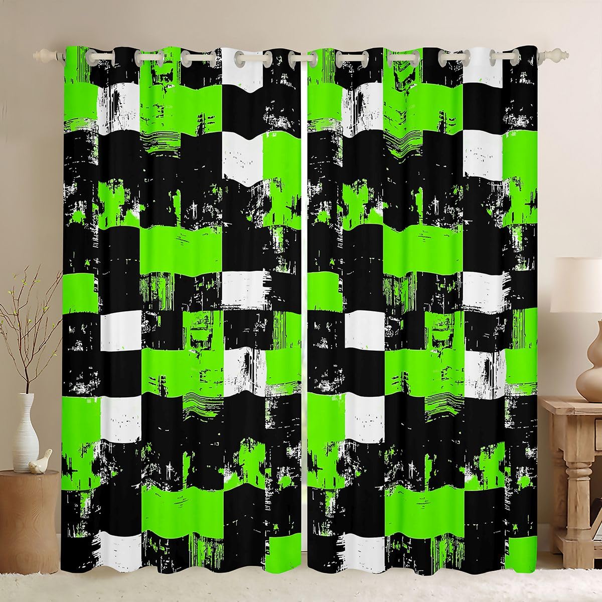 Feelyou Abstract Blackout Curtains Green Black White Darkening Drapes for Bedroom Room Decor Buffalo Check Plaid Thermal Insulated Shades Geometric Window Treatments, 2 Panels 38 x 45 Inch