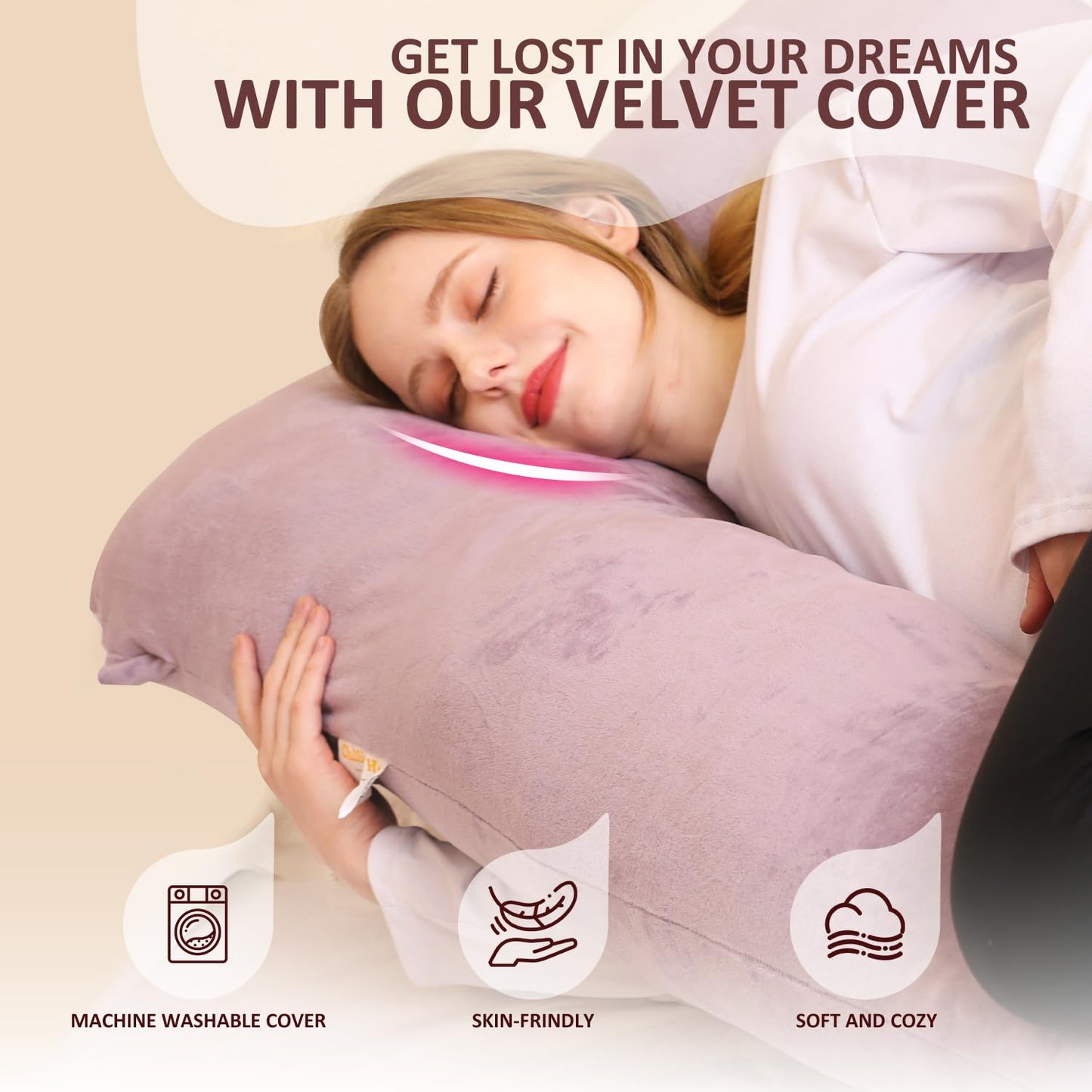 Chilling Home Pregnancy Pillow, U Shape Pregnancy Pillows for Sleeping, 55in Body Pillow for Sleeping, Body Pillows for Adults, Maternity Pillow, Velvet Removable Cover, Pink