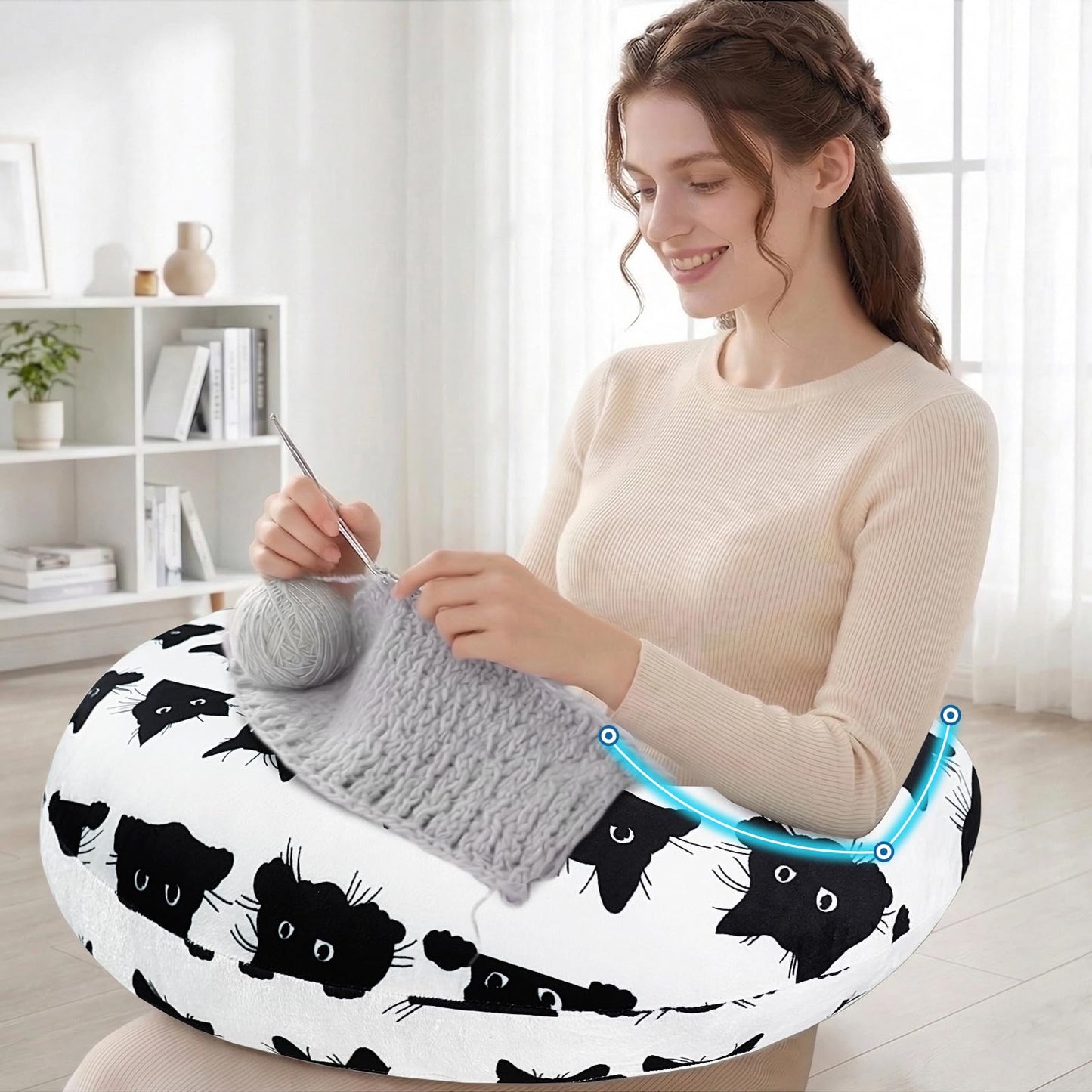 Crafting Pillow for Crocheting, Crochet Pillow for Lap Support, 12 Fun Print Styles, Ergonomic Arm Support, For Bed, Floor, Chair Comfort, Pain Relief and Fatigue for Gaming and Woking (Cat)