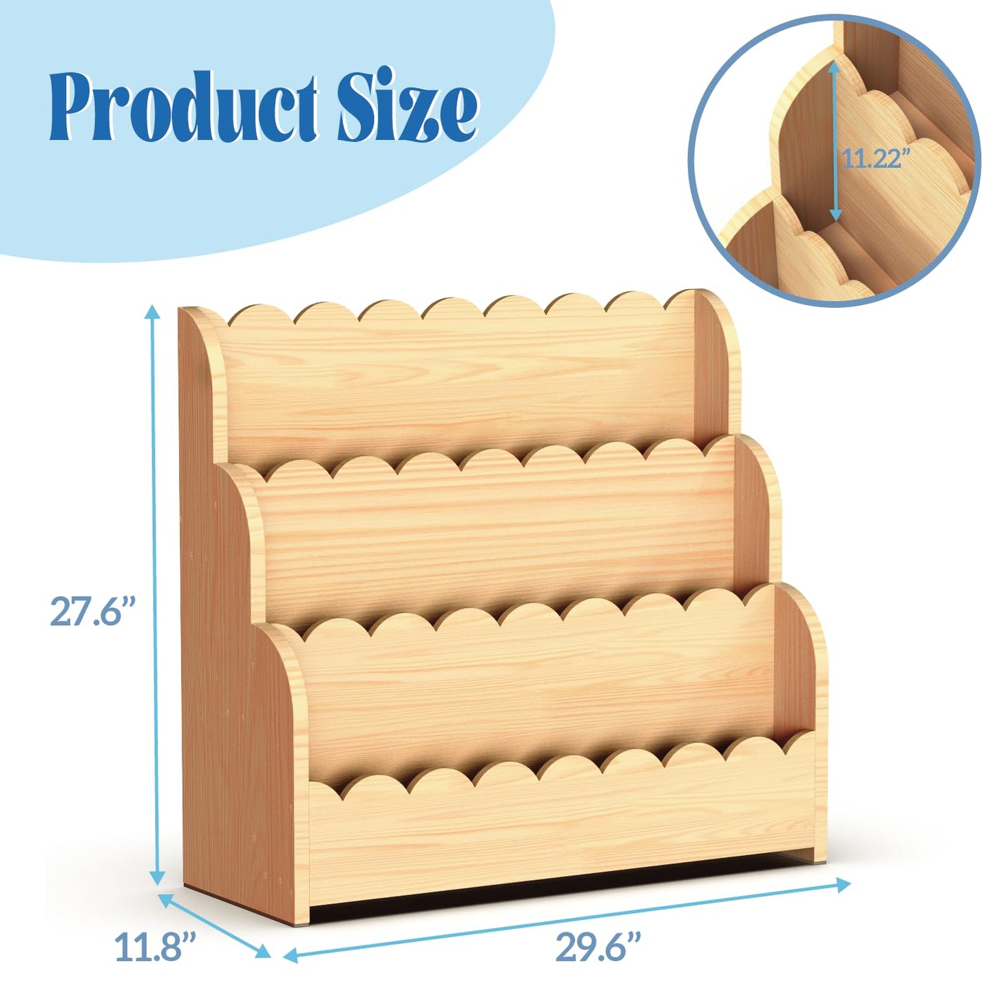 NANATI 3-Tier Scalloped Kids Bookshelf, Solid Pine Wood Nursery Book Shelves, Montessori Bookcase,Toddler Bookshelf for Kids Room, Childrens Book Shelf Organizer for Playroom and Classroom