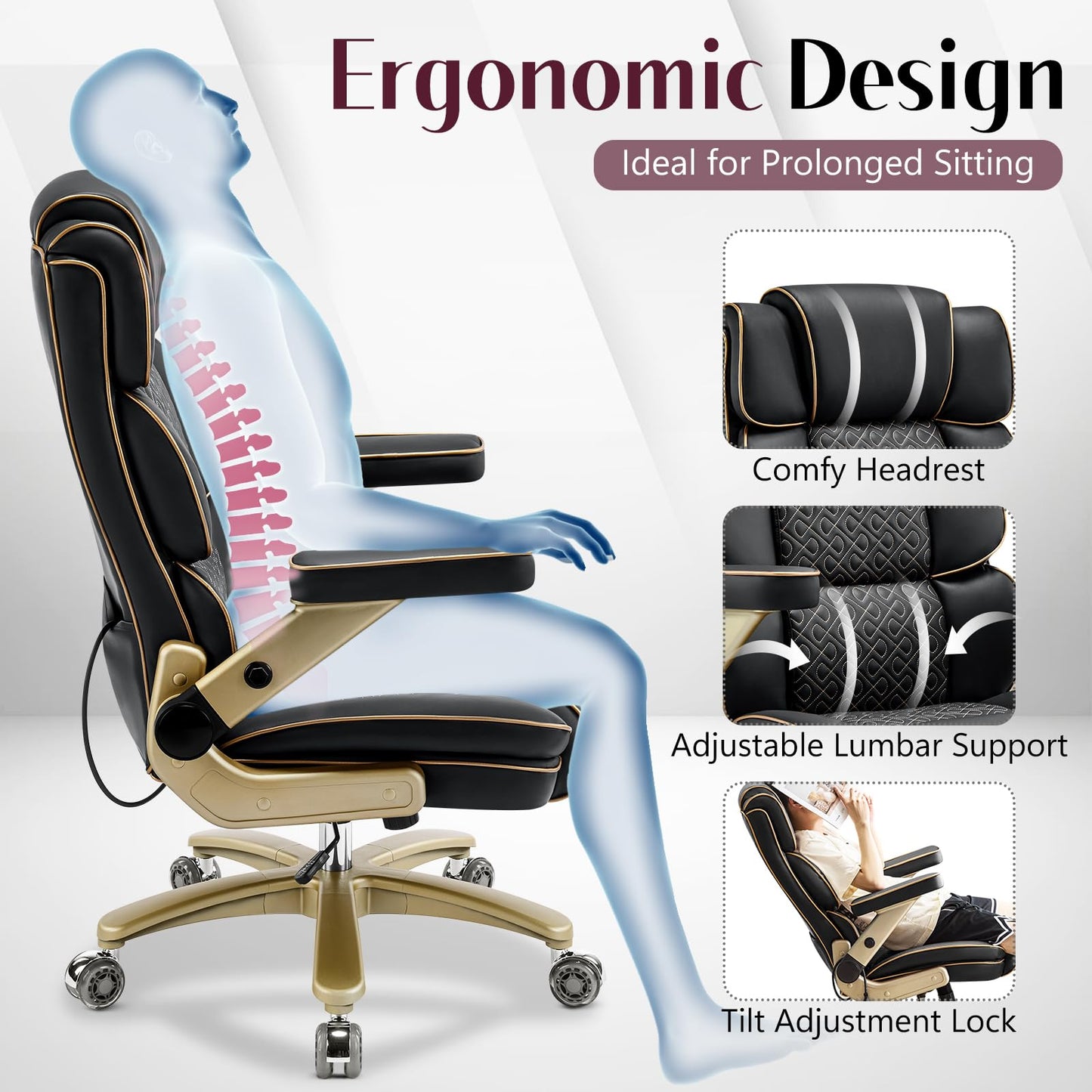 Big and Tall Office Chair 500lbs, Heavy Duty Leather Chair with 5D Armrests Comfortable Seat, High Back Executive Office Chair with Adjustable Lumbar, Large Computer Chair for Home Office, Black