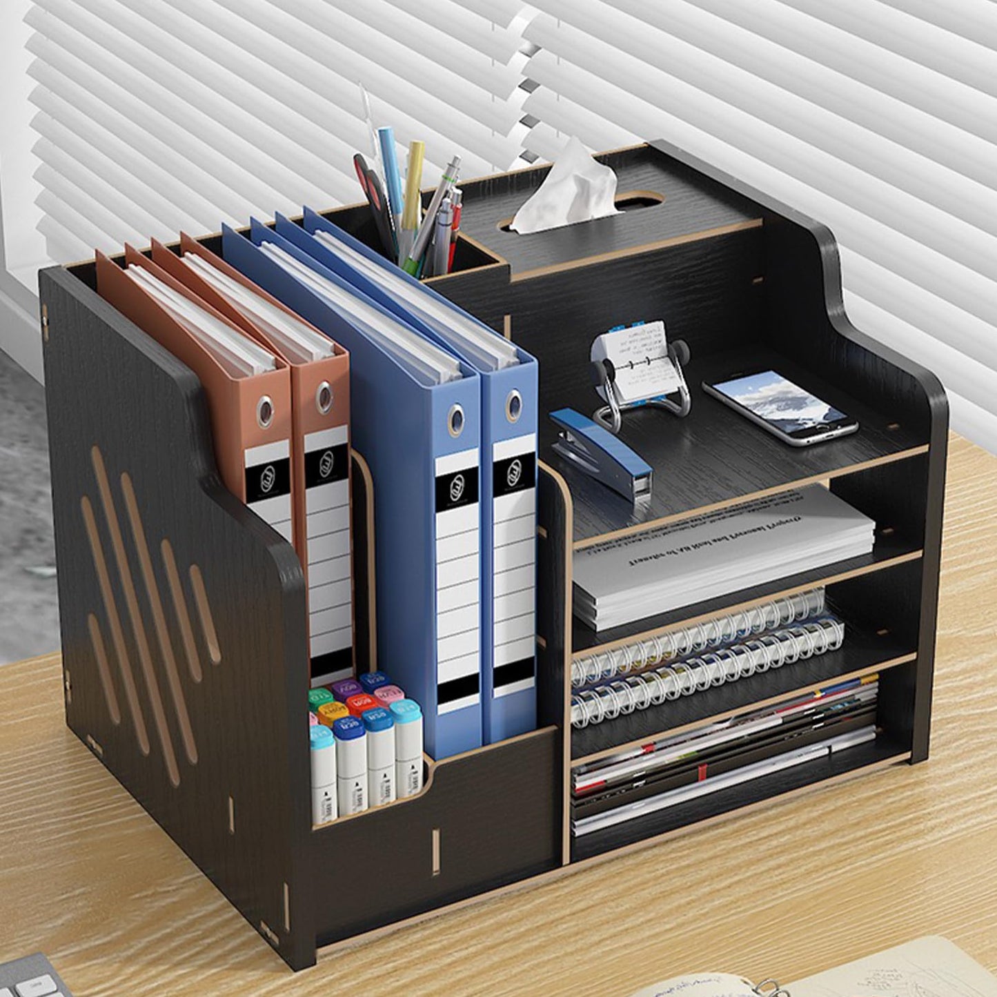 Zyners Bamboo Desk Organizer, Desktop Wood Bookshelf File Organizer, Pen Holder and Tissue Holder, 1 Drawer with lock for Office, Home, Need to Install (Light black)