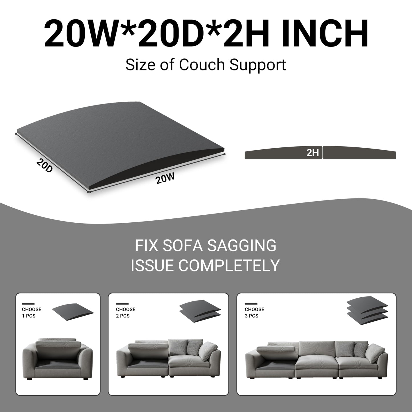 N NOORDENIYA Couch Cushion Support for Sagging Seat, High Density Foam Sofa Support Replacement for Furniture, Curved Couch Supporter for Under The Cushions, Grey Set of 3