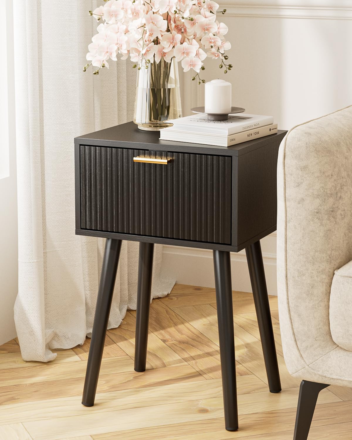 ASACESCU Night Stand, Black Nightstand with Fluted Door, Small Modern Mid-Century Bedside Table for Bedroom, End Table for Living Room