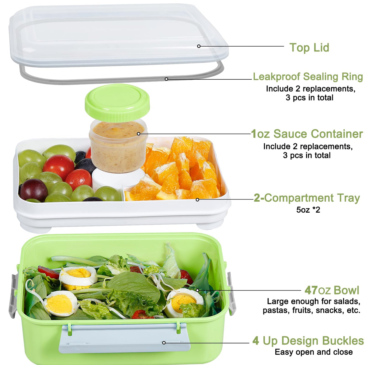 3 Pack Salad Lunch Box Food Storage Containers, 47oz Bento Box To Go Container with Lids, ReusableMeal Prep Containers with Removable Tray & Dressing Pots for Kids and Adults, Microwavable