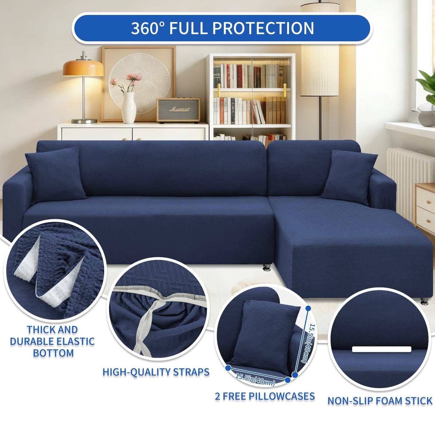 XINEAGE Sectional Couch Cover High Stretch L Shaped Sofa Cover 2 Pieces Non Slip Slipcover with Chaise Furniture Protector with 2 Pillowcases for Pets & Dogs (3 Seat Sofa + 3 Seat Chaise, Navy Blue)