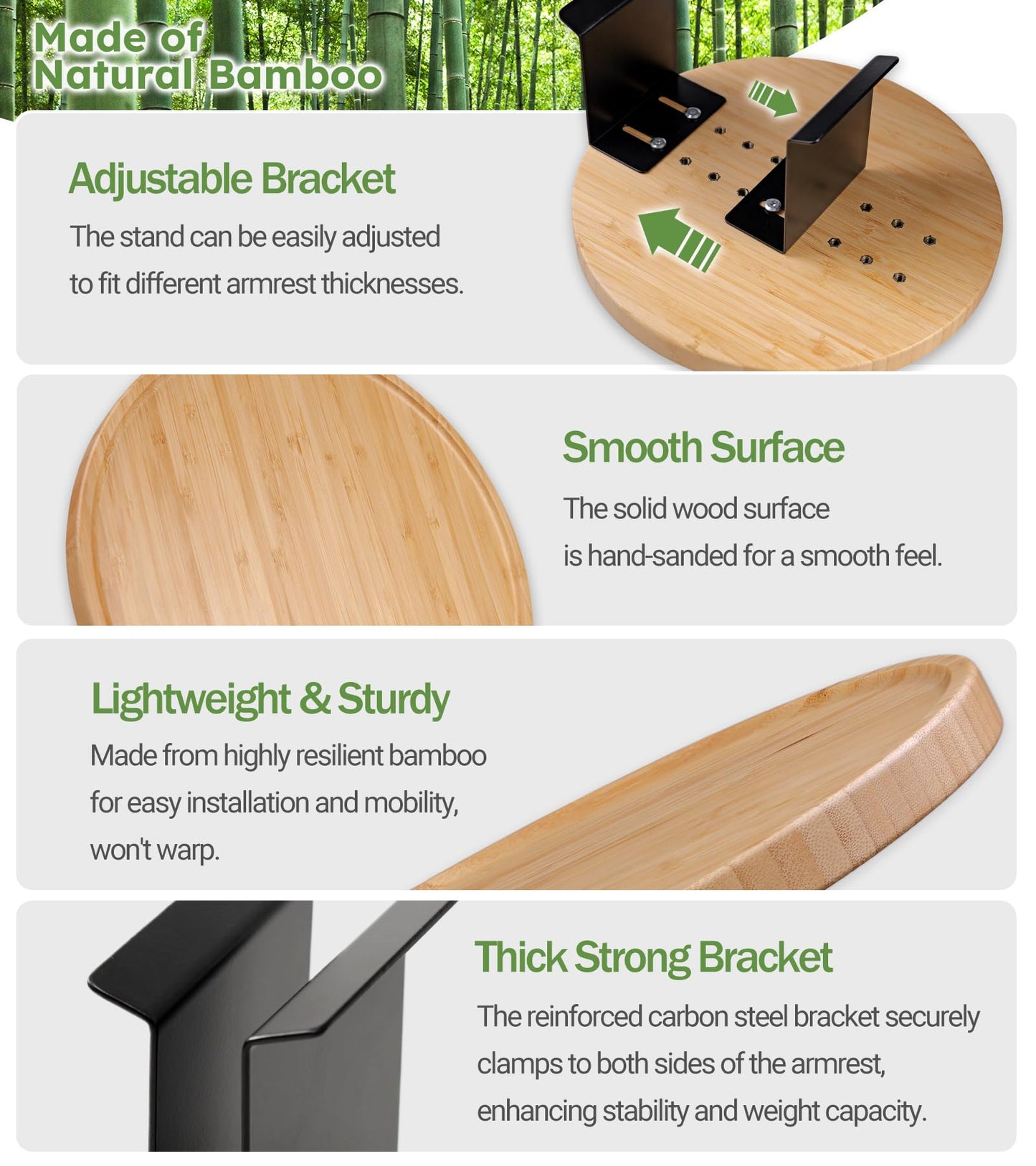 Semjar Bamboo Couch Arm Tray,12'' Space Adjustable Sofa Arm Table,Round Chair Arm Table Sofa Armrest Tray for Thin & Wide Couches Arm,Snack Armchair Couch Caddy
