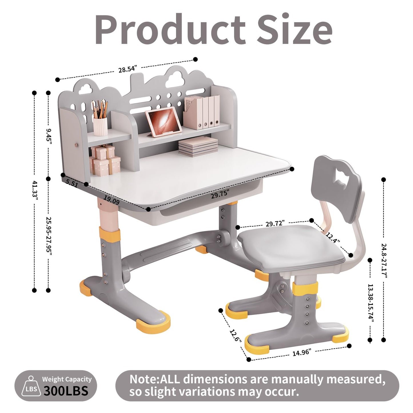 Kids Study Desk and Chair Set - Height Adjustable Study Writing Table with Bookstand and Storage Drawer, Child School Study Writing Table Ergonomic Widened Desktop Art Desk for Boy & Girl (Grey)